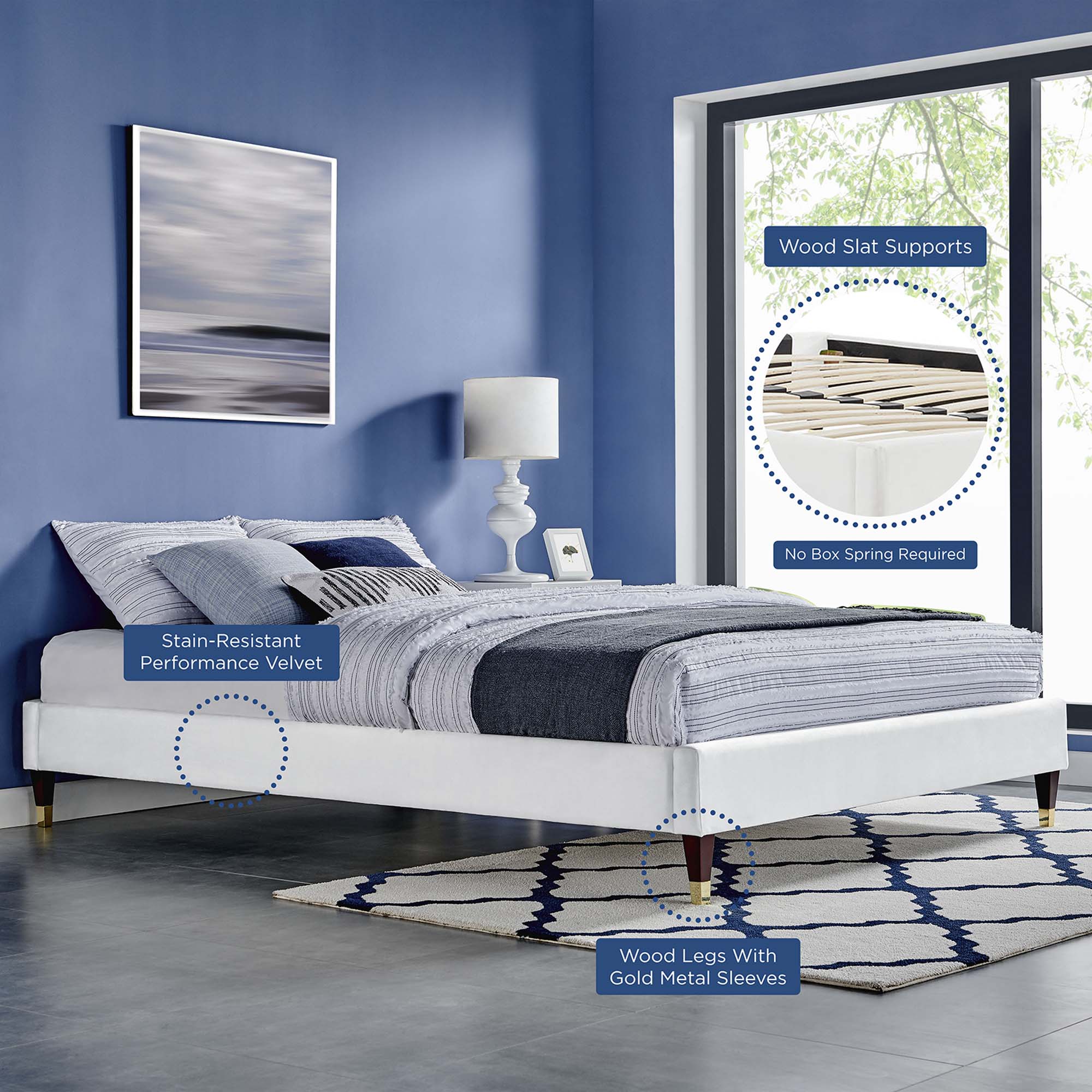 Liva Performance Velvet Bed With Wood and Gold Legs