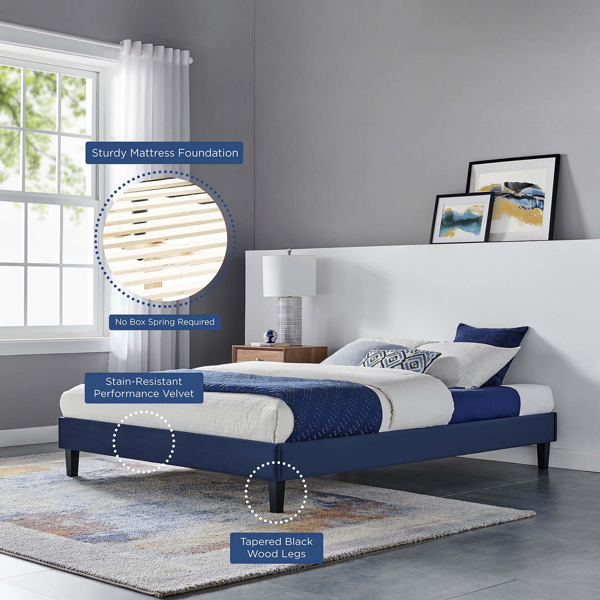 Novi Performance Velvet Bed With Black Wood Legs