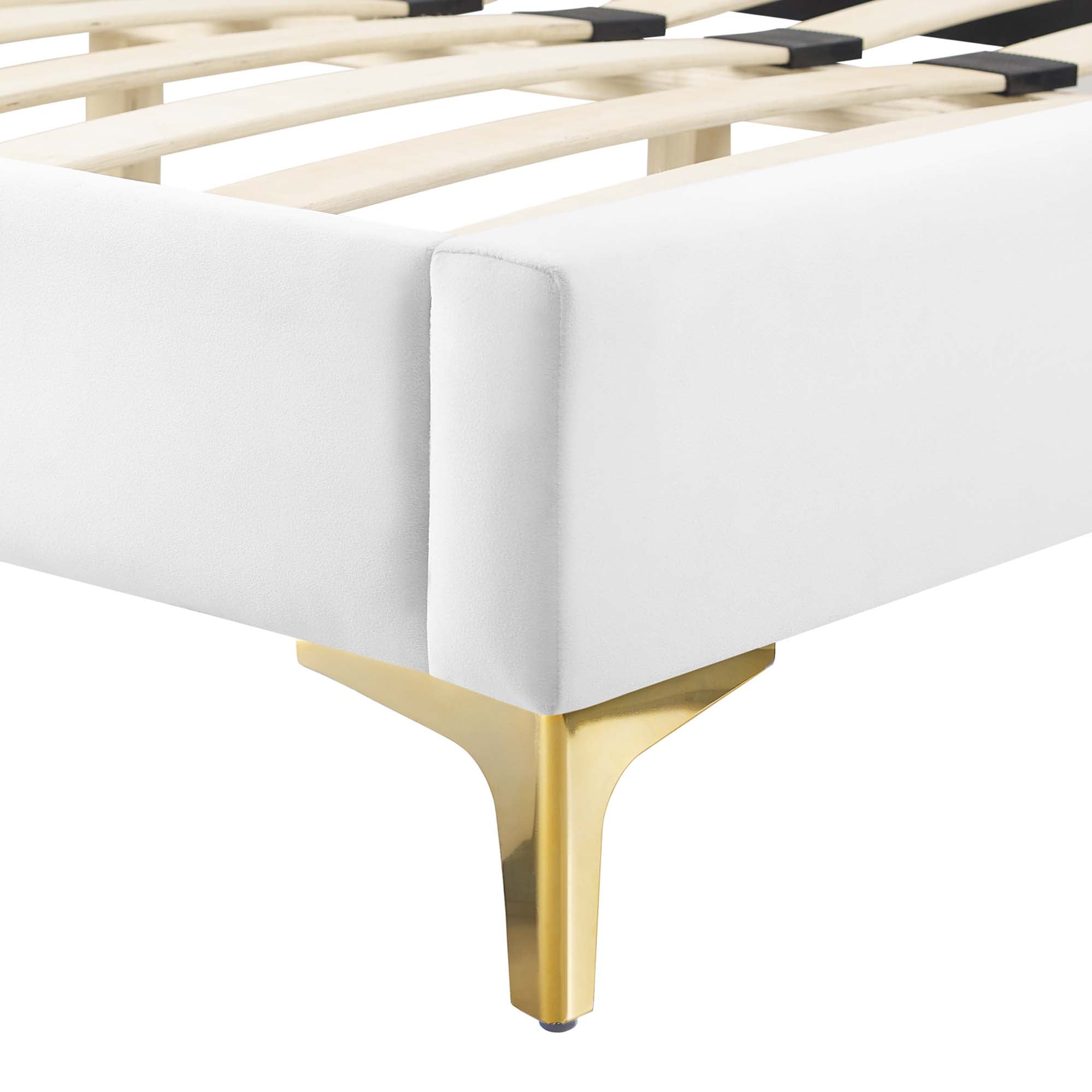 Peyton Performance Velvet Platform Bed With Gold Metal Legs