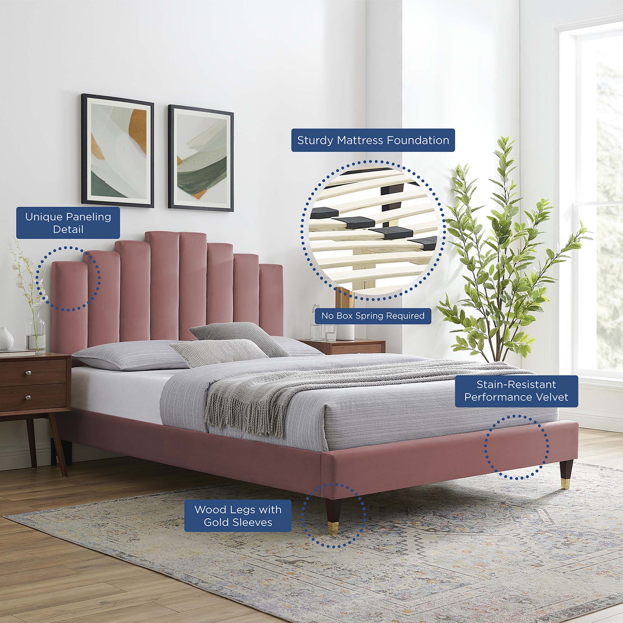 Elise Performance Velvet Platform Bed With Wood and Gold Legs