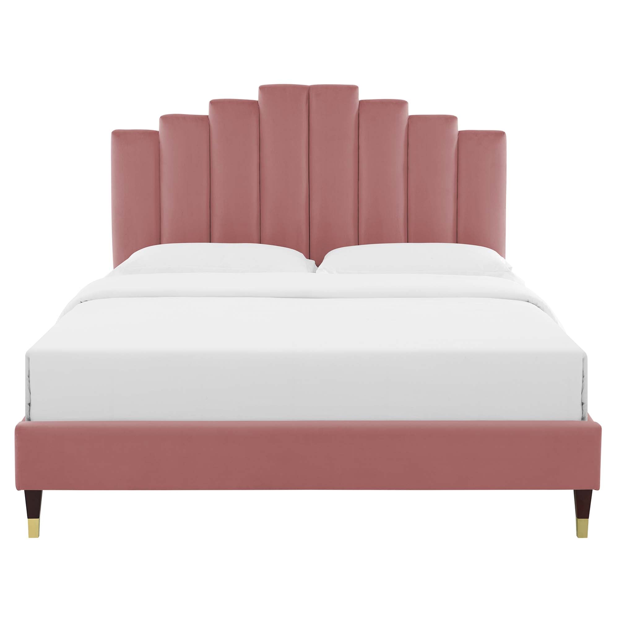 Elise Performance Velvet Platform Bed With Wood and Gold Legs