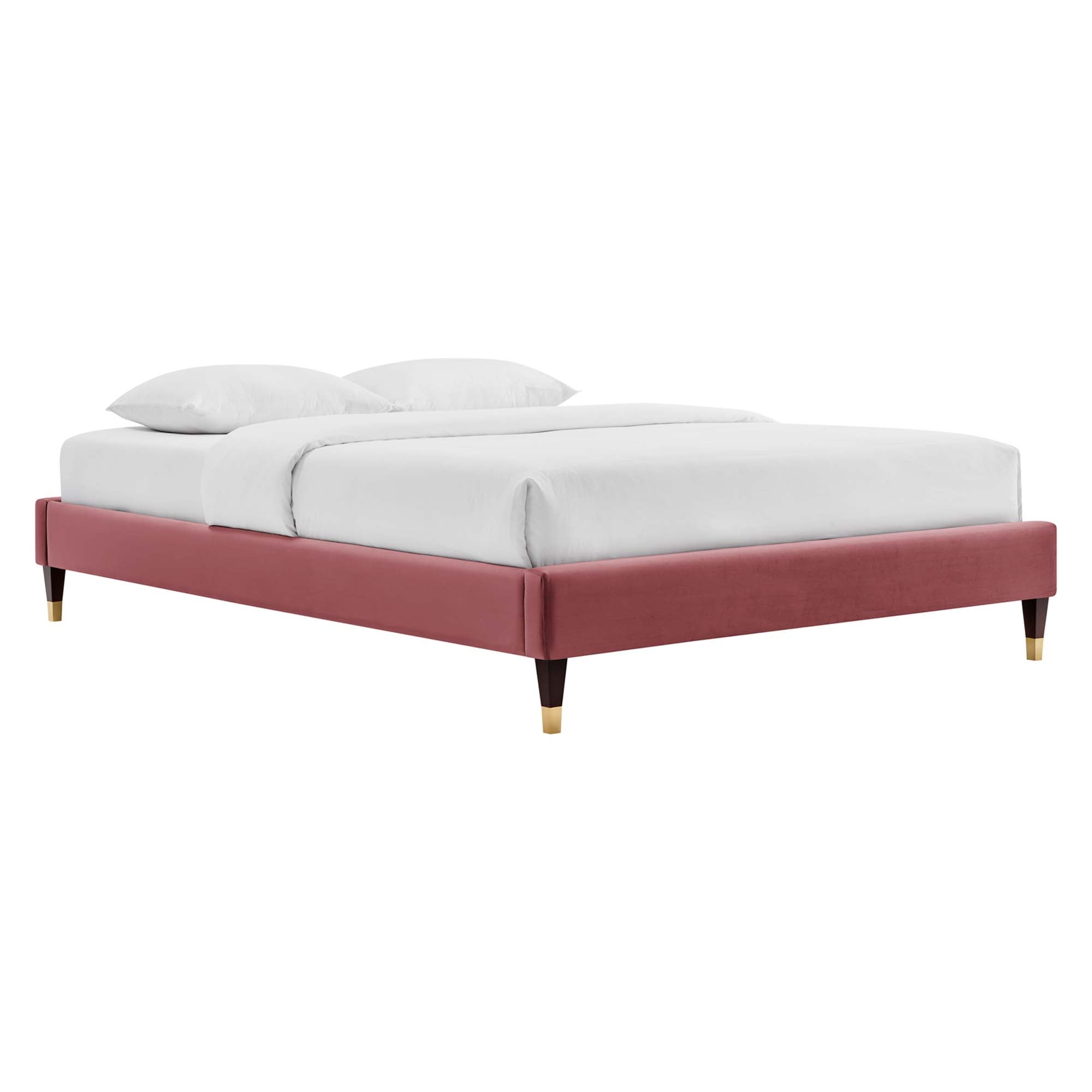 Elise Performance Velvet Platform Bed With Wood and Gold Legs