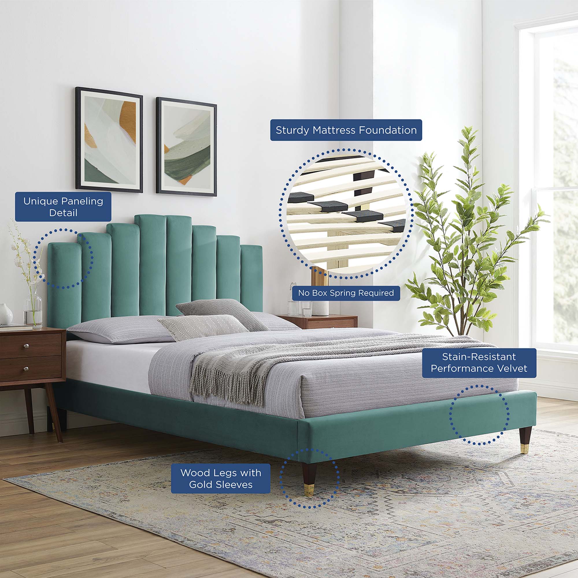 Elise Performance Velvet Platform Bed With Wood and Gold Legs