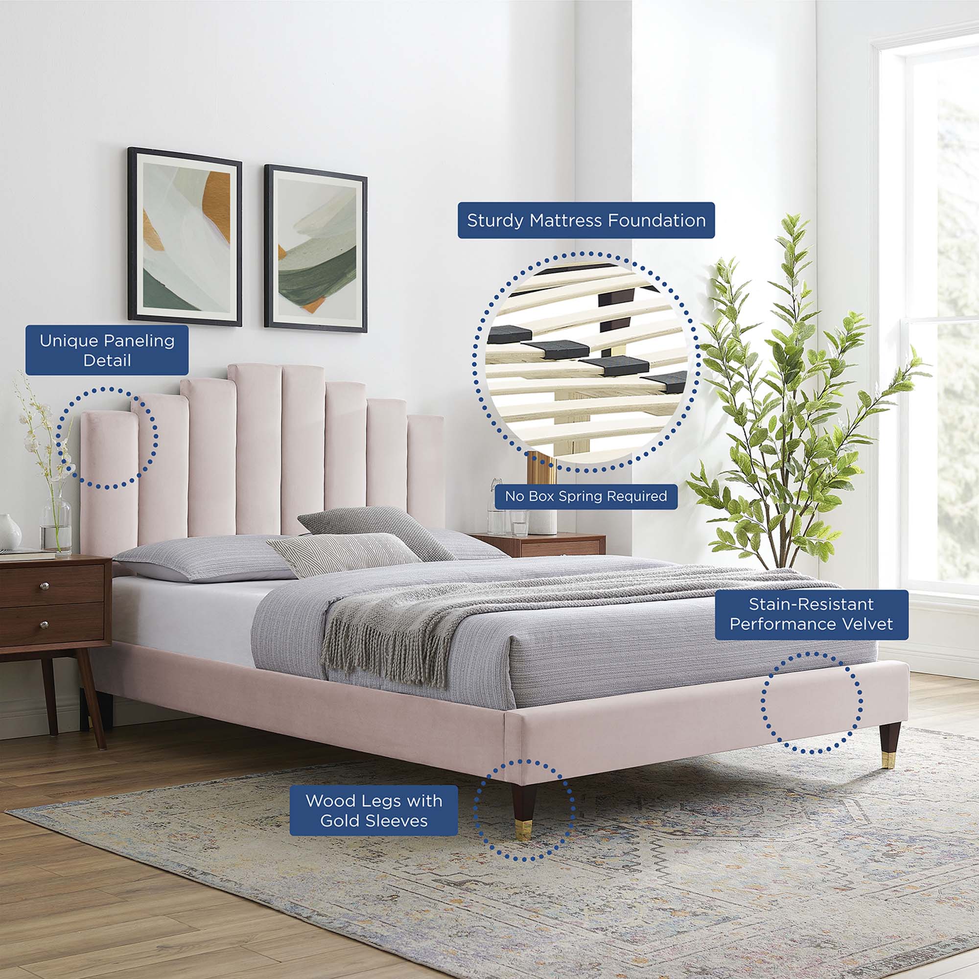 Elise Performance Velvet Platform Bed With Wood and Gold Legs