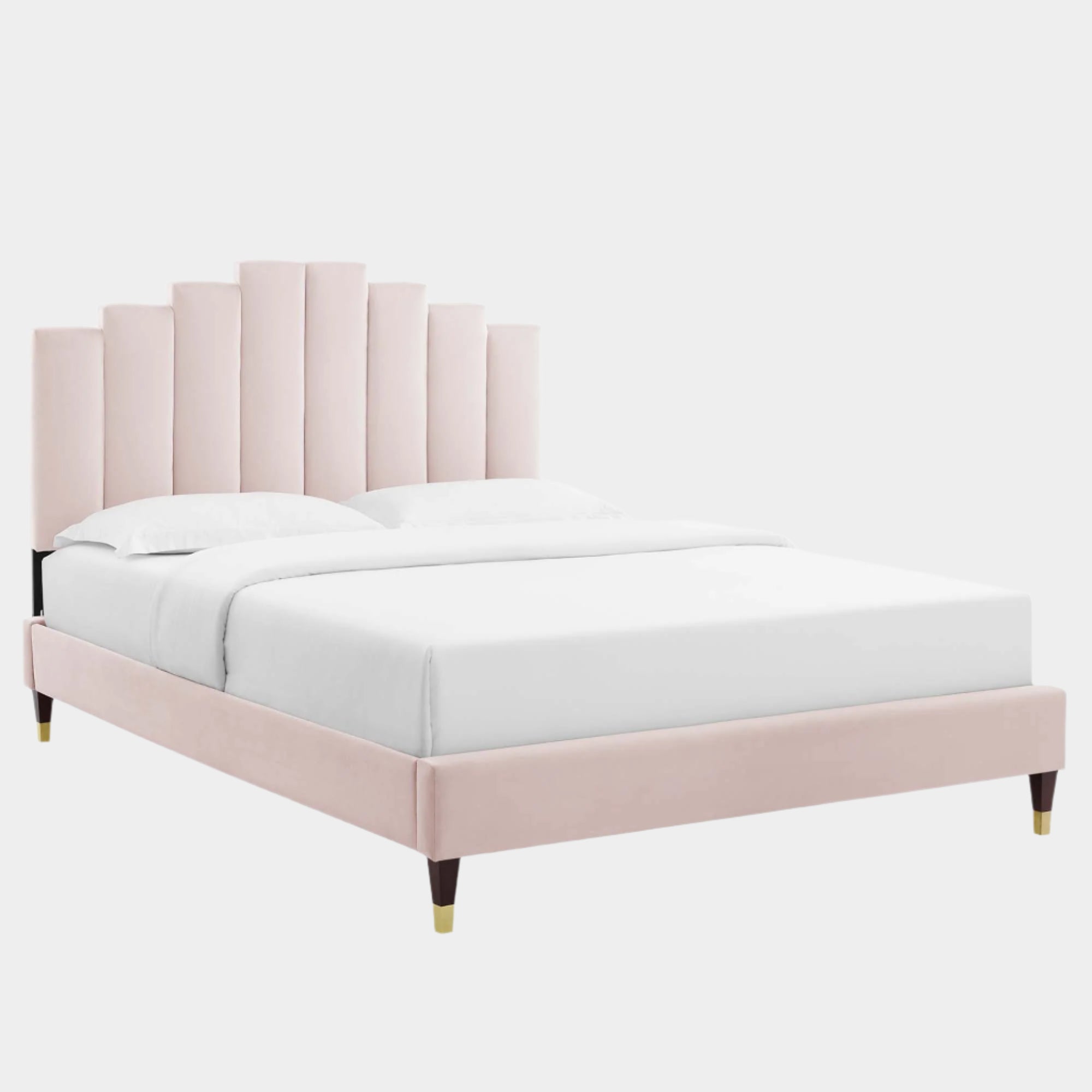 Elise Performance Velvet Platform Bed With Wood and Gold Legs