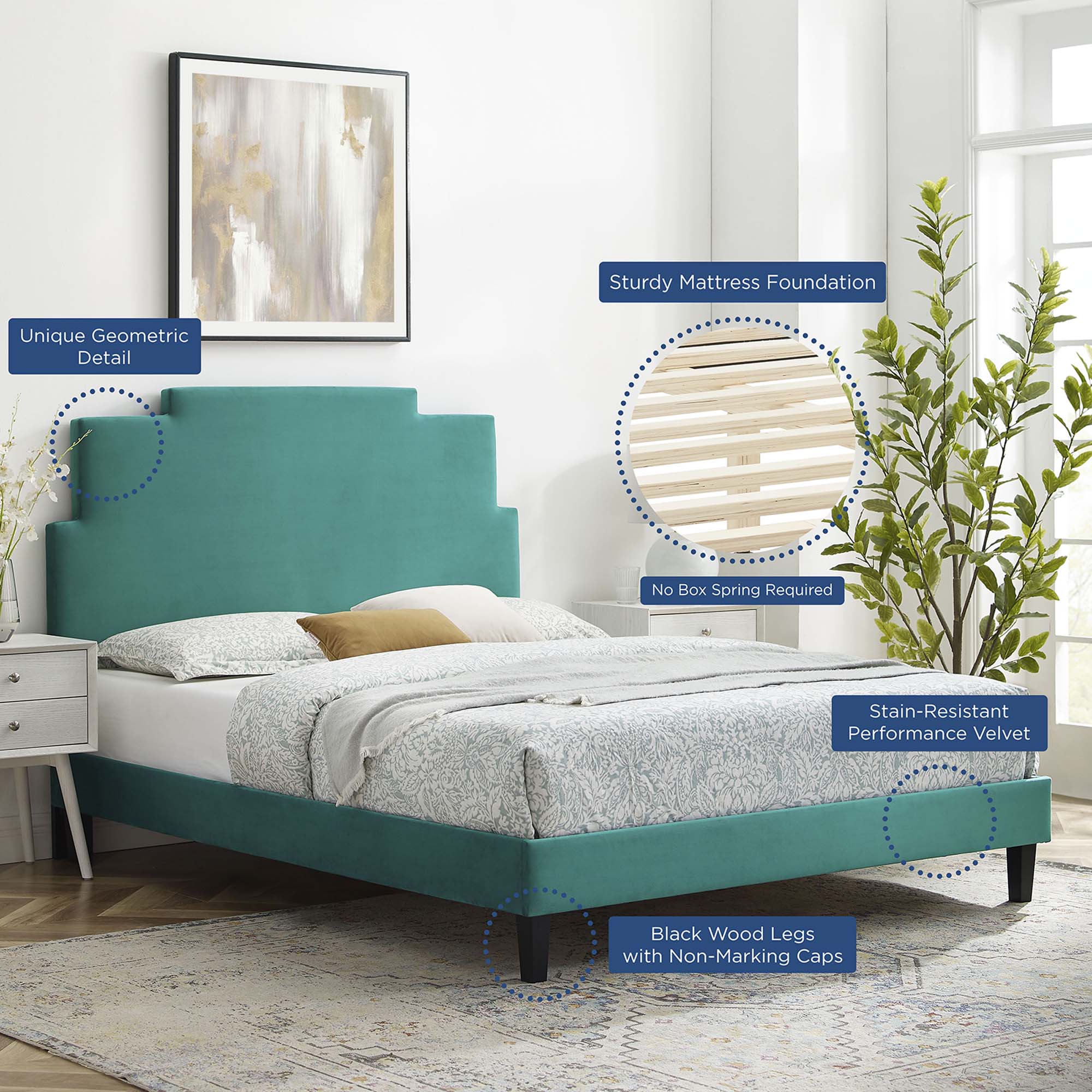 Lindsey Performance Velvet Platform Bed With Black Wood Legs