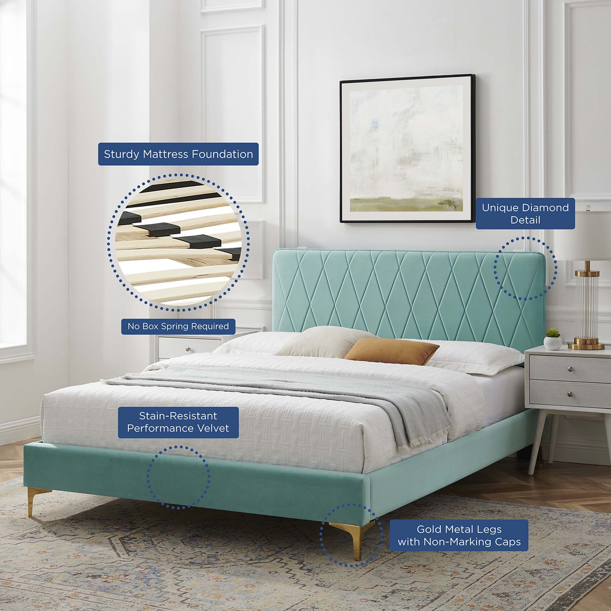 Phillipa Performance Velvet Platform Bed With Gold Metal Legs