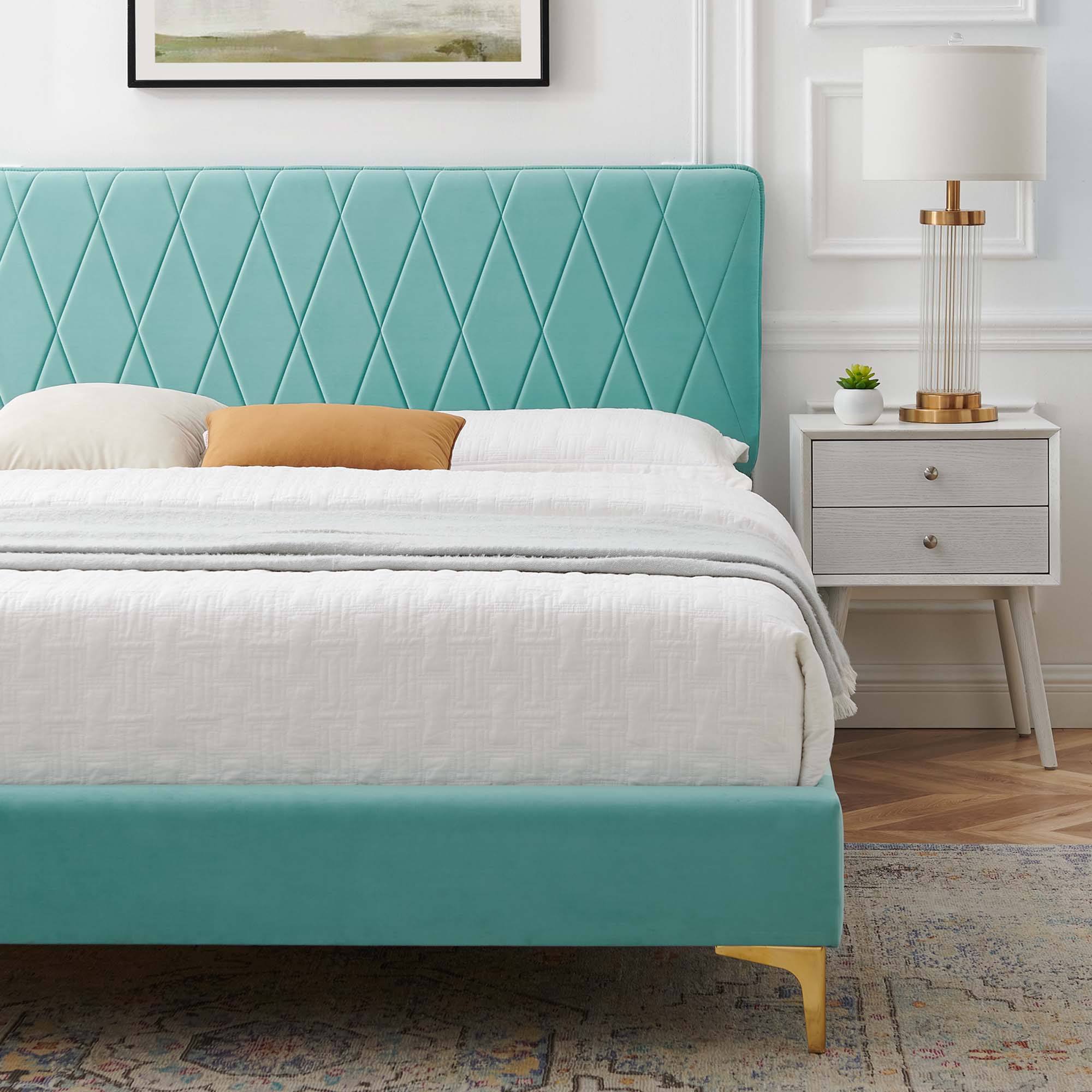 Phillipa Performance Velvet Platform Bed With Gold Metal Legs