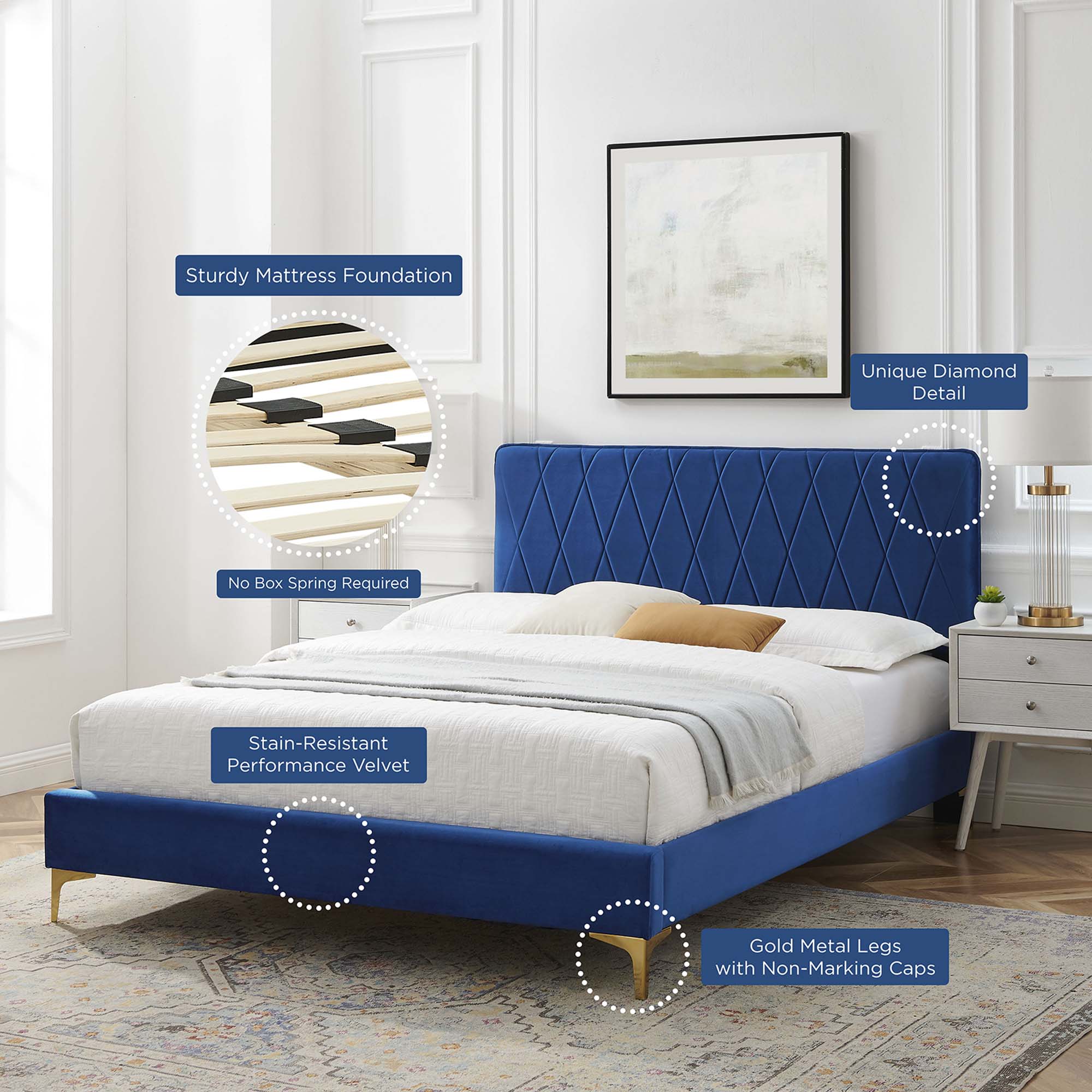 Phillipa Performance Velvet Platform Bed With Gold Metal Legs