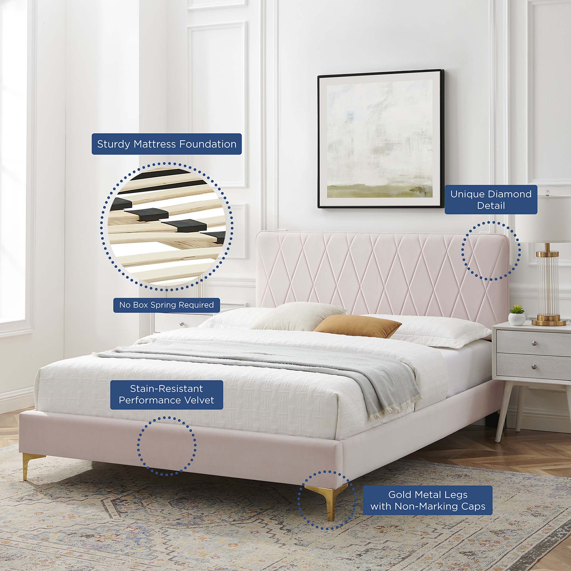 Phillipa Performance Velvet Platform Bed With Gold Metal Legs