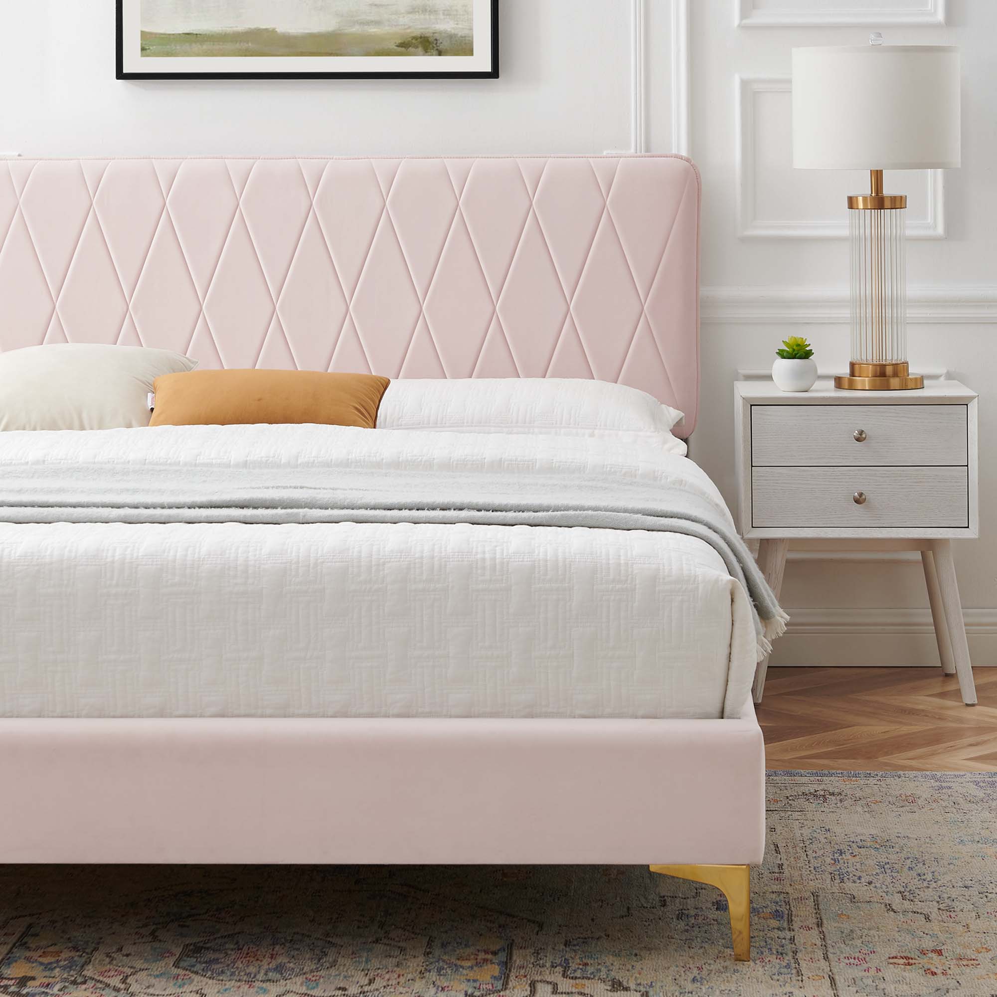 Phillipa Performance Velvet Platform Bed With Gold Metal Legs