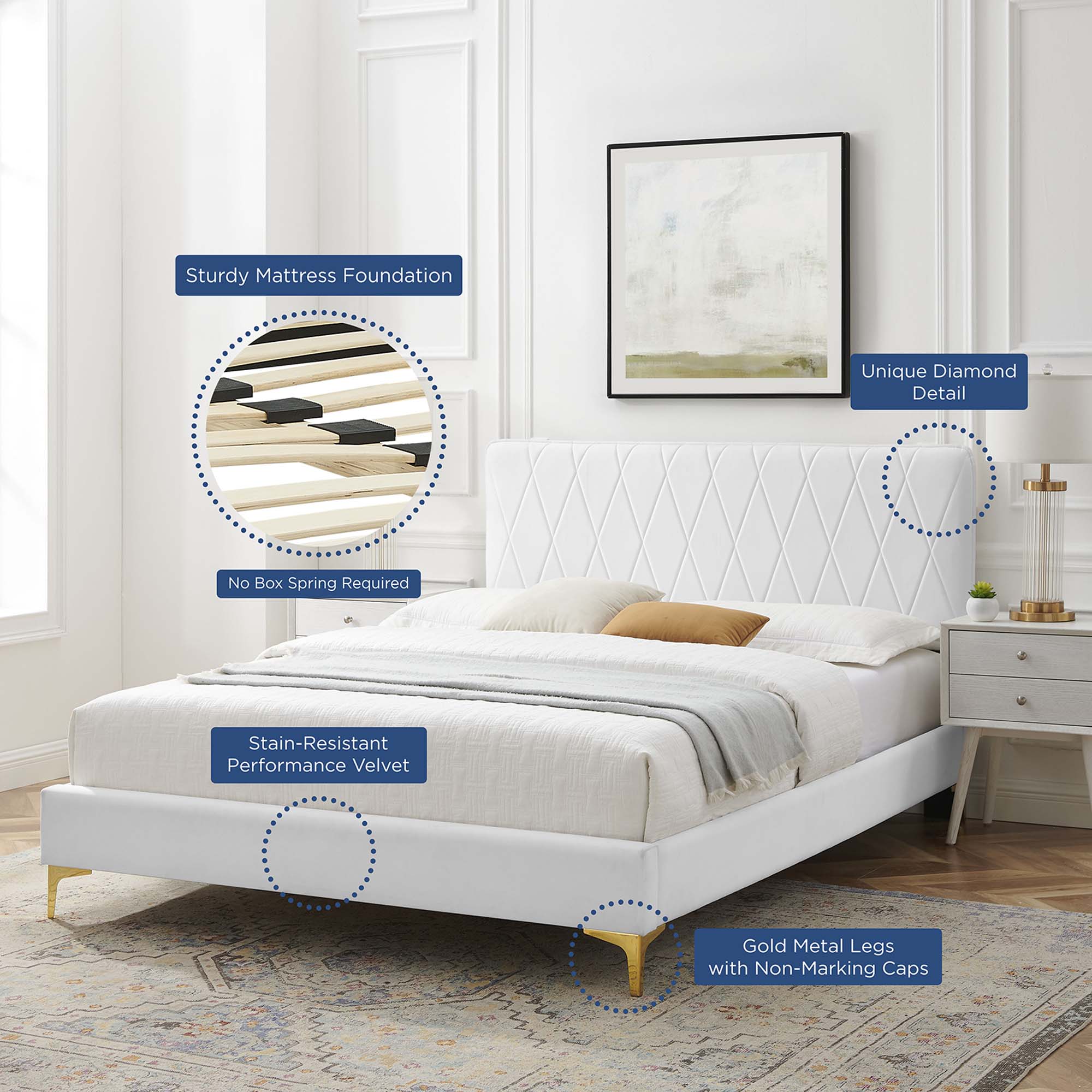 Phillipa Performance Velvet Platform Bed With Gold Metal Legs