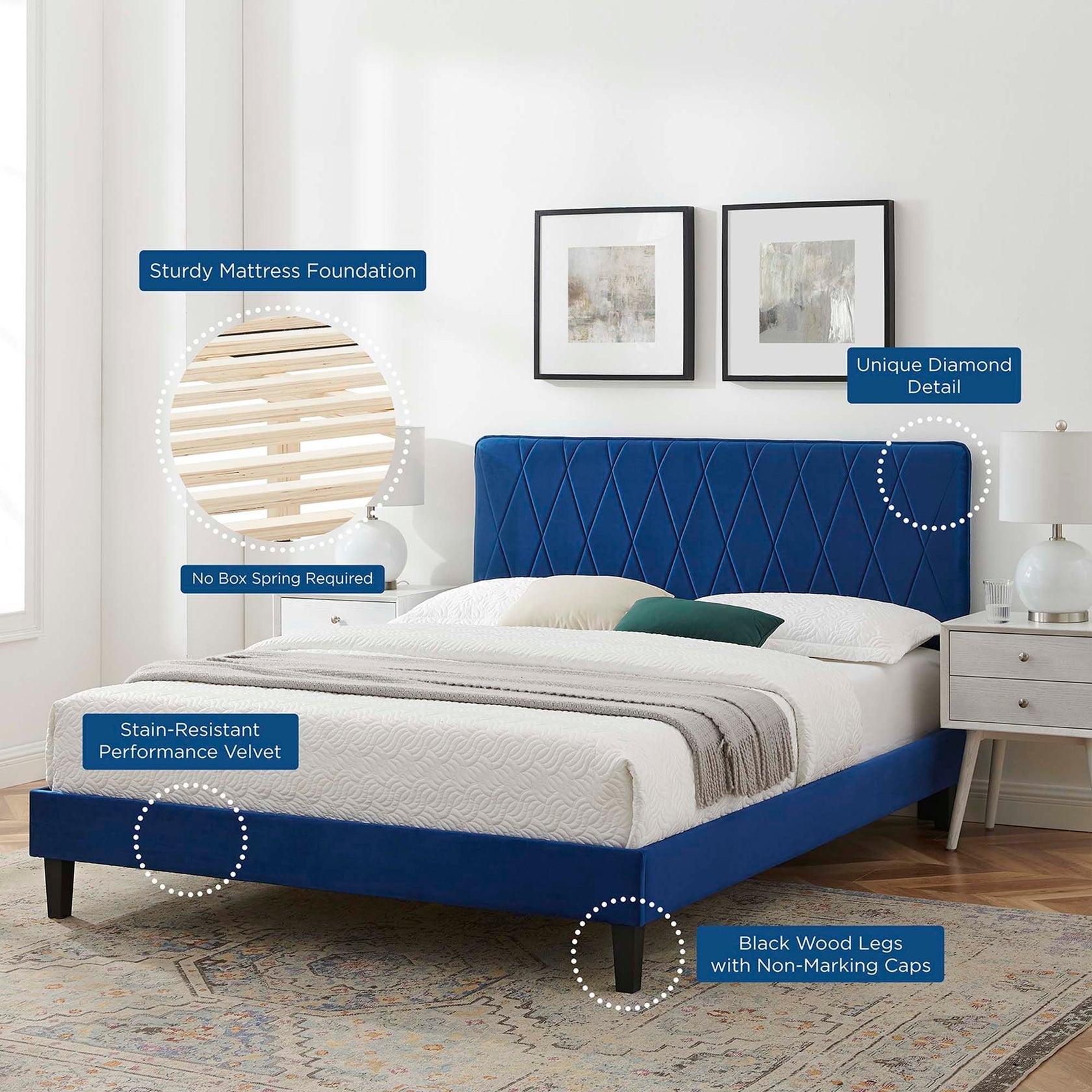 Phillipa Performance Velvet Platform Bed With Black Wood Legs