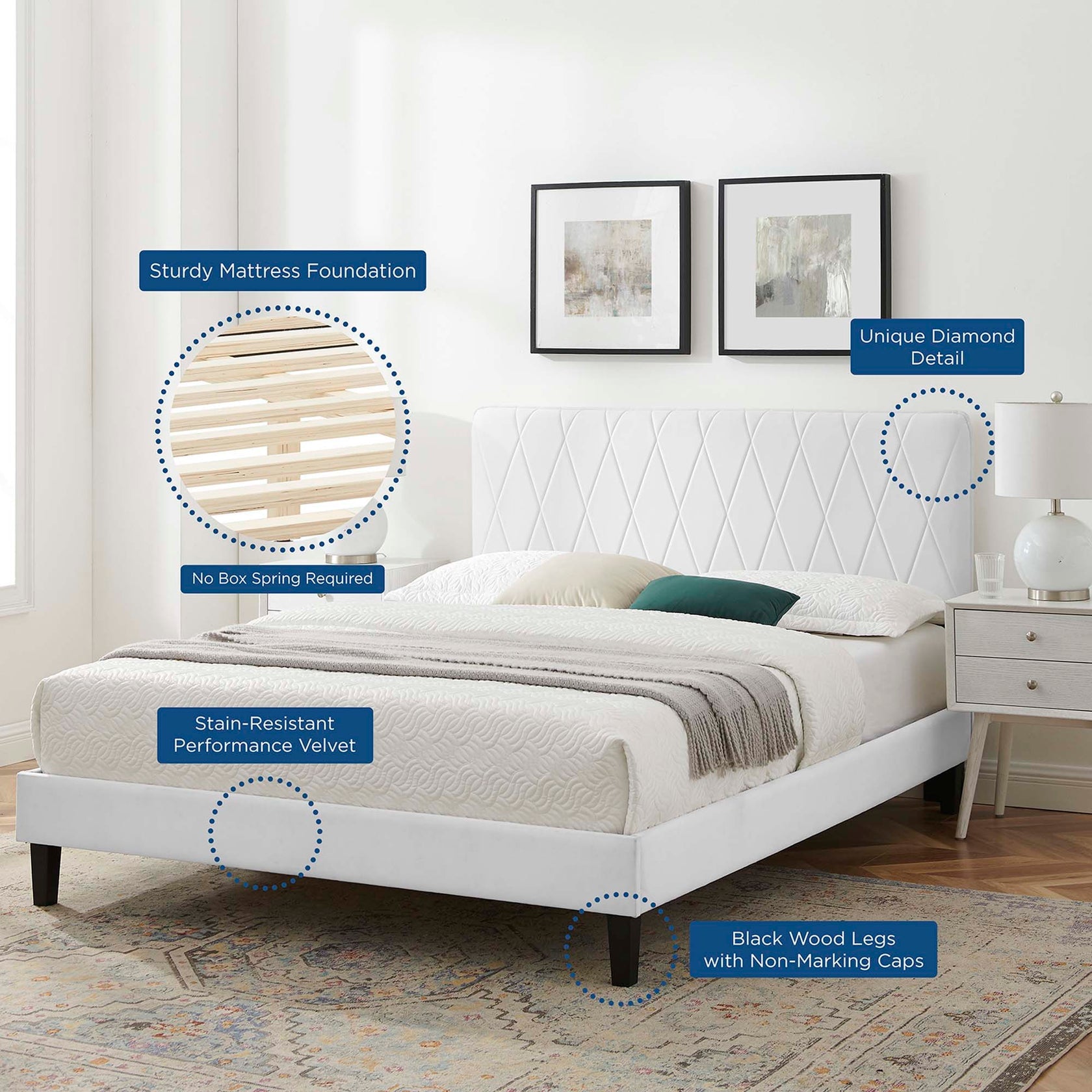 Phillipa Performance Velvet Platform Bed With Black Wood Legs