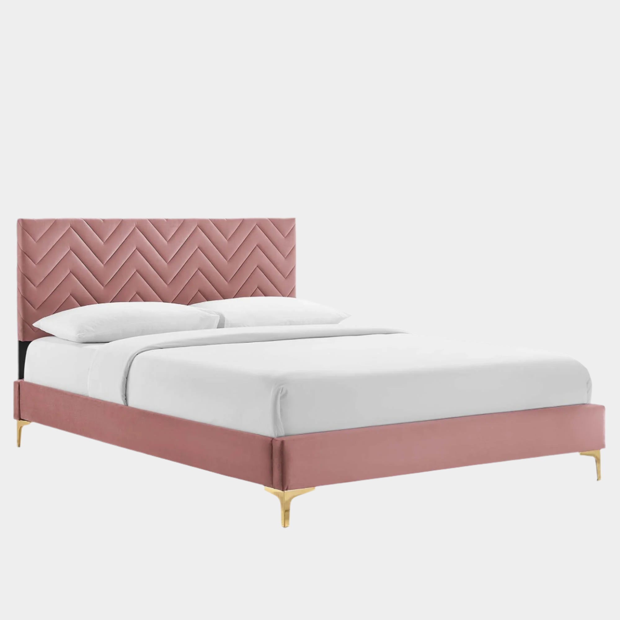 Leah Chevron Tufted Performance Velvet Platform Bed With Gold Metal Legs