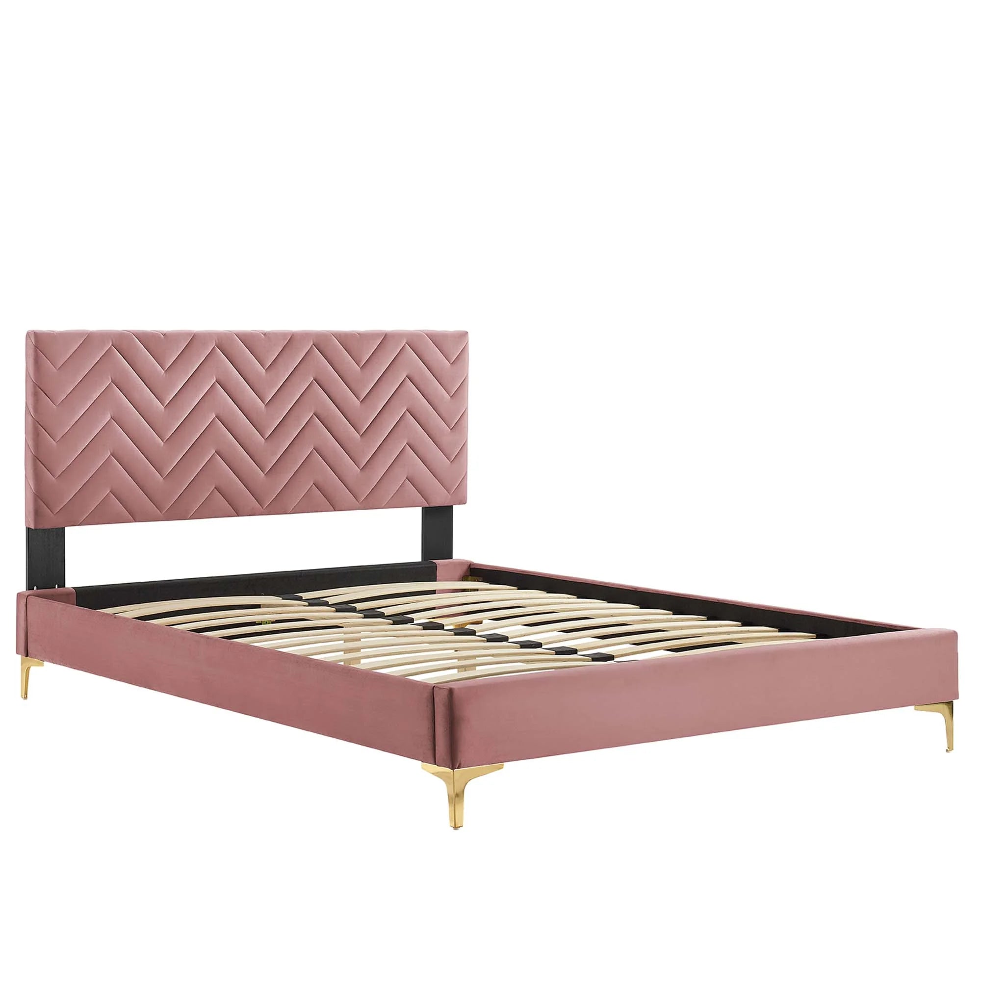 Leah Chevron Tufted Performance Velvet Platform Bed With Gold Metal Legs