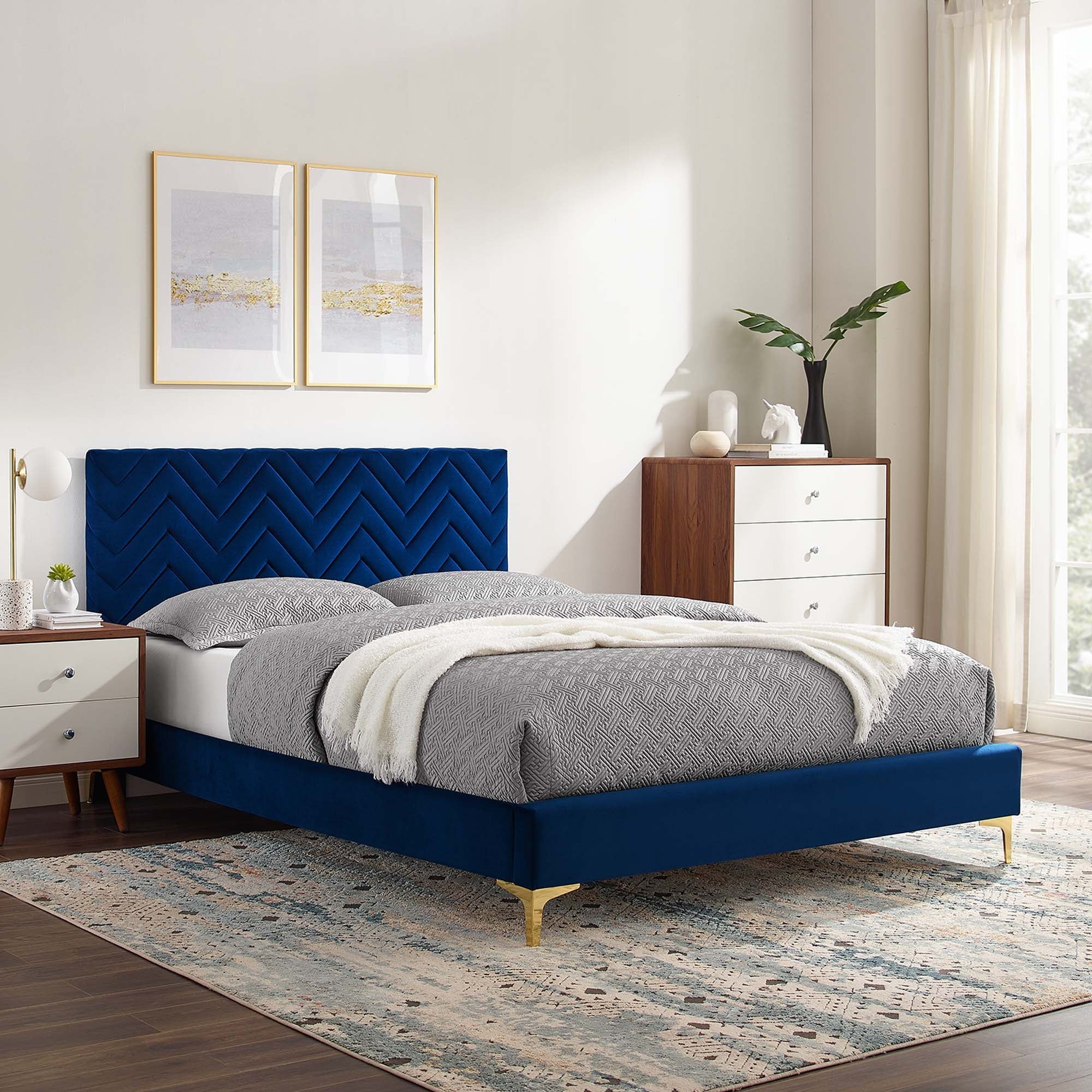 Leah Chevron Tufted Performance Velvet Platform Bed With Gold Metal Legs