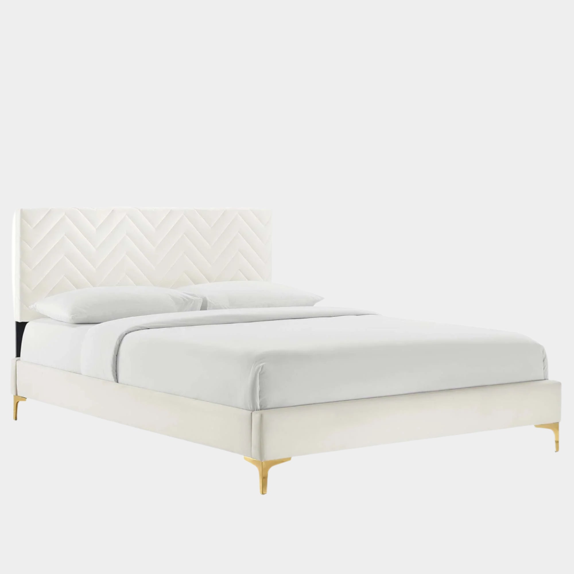 Leah Chevron Tufted Performance Velvet Platform Bed With Gold Metal Legs