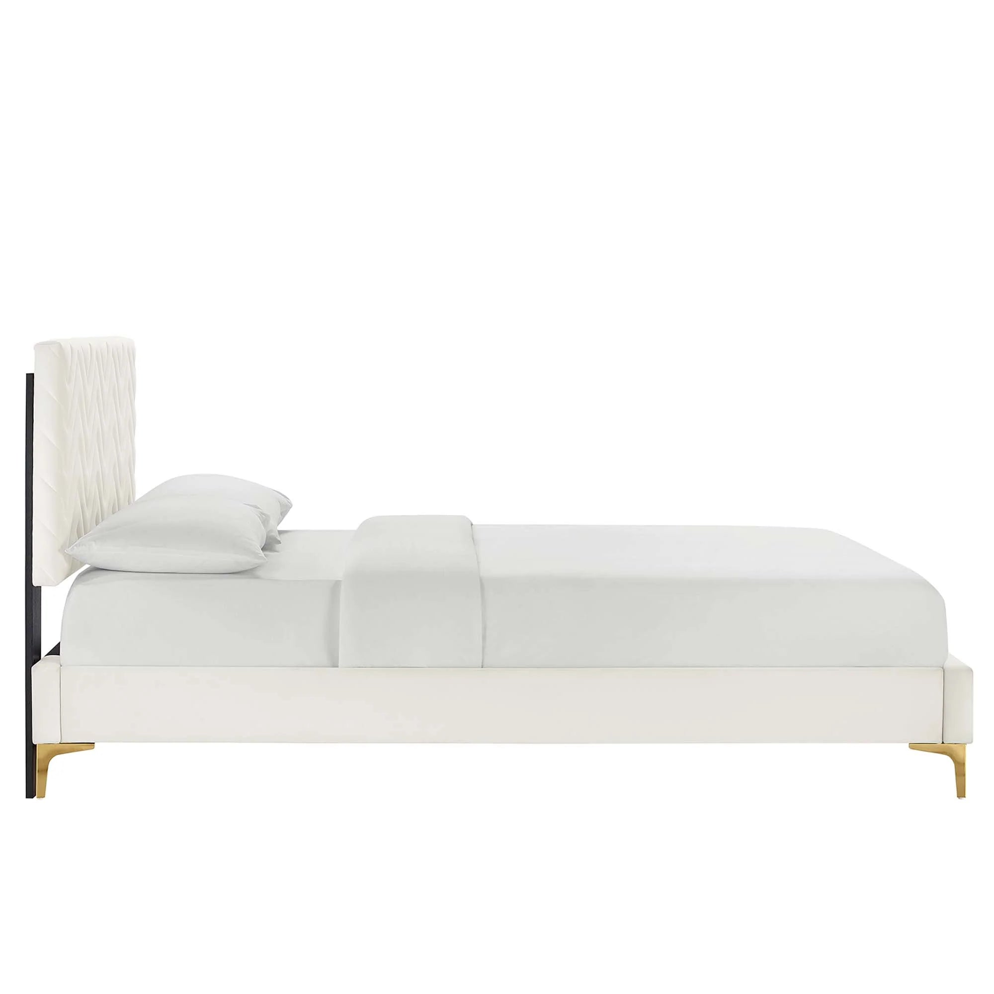 Leah Chevron Tufted Performance Velvet Platform Bed With Gold Metal Legs