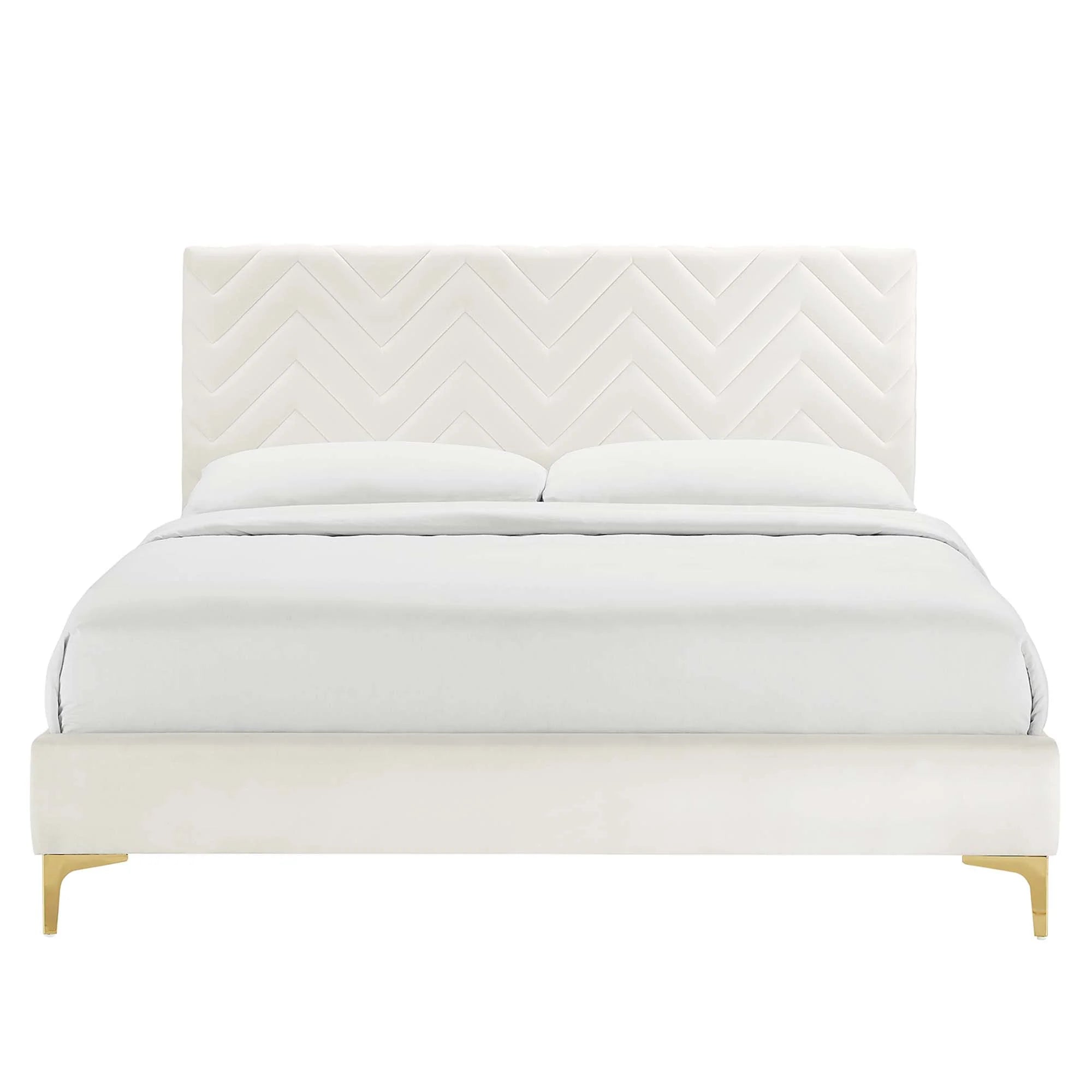 Leah Chevron Tufted Performance Velvet Platform Bed With Gold Metal Legs