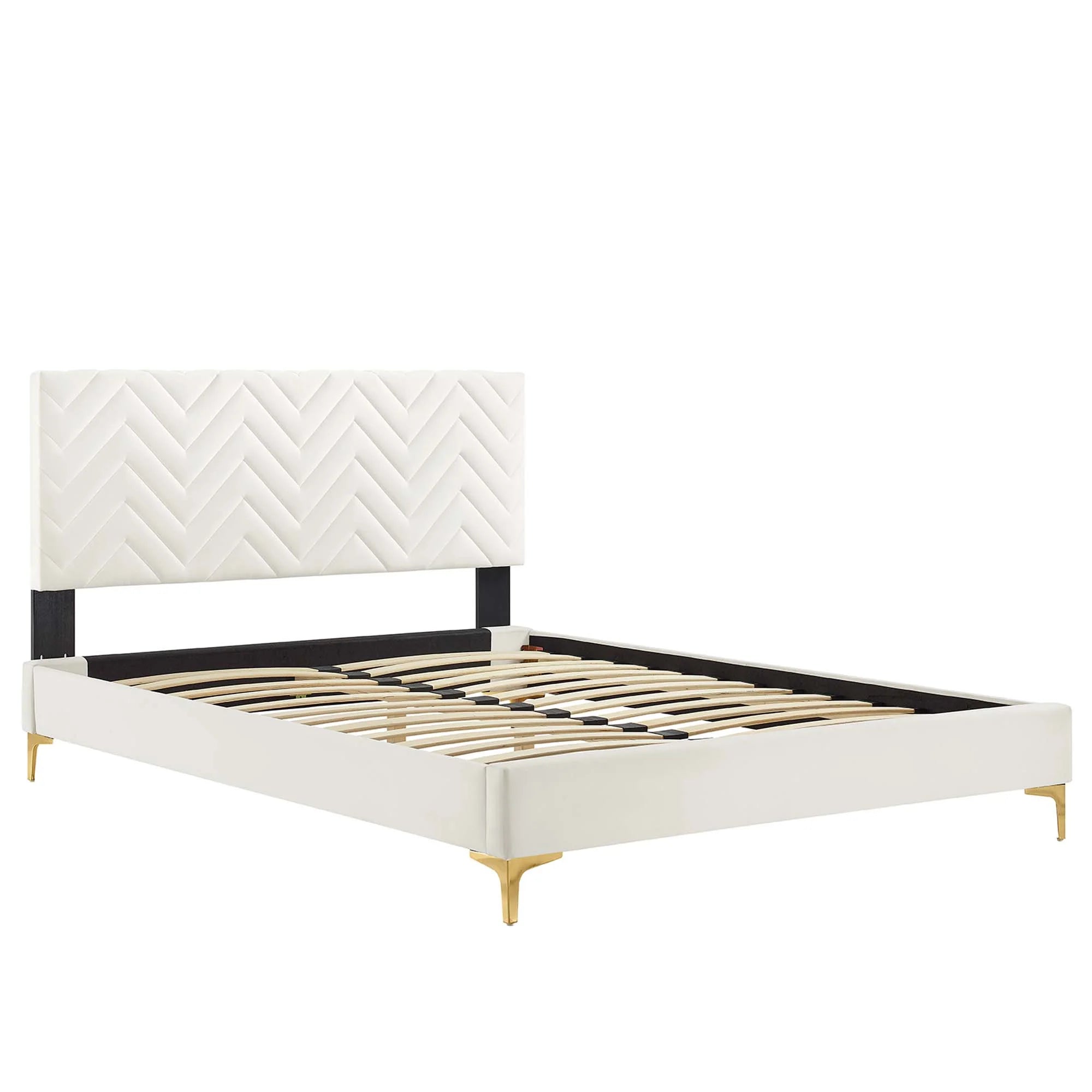 Leah Chevron Tufted Performance Velvet Platform Bed With Gold Metal Legs