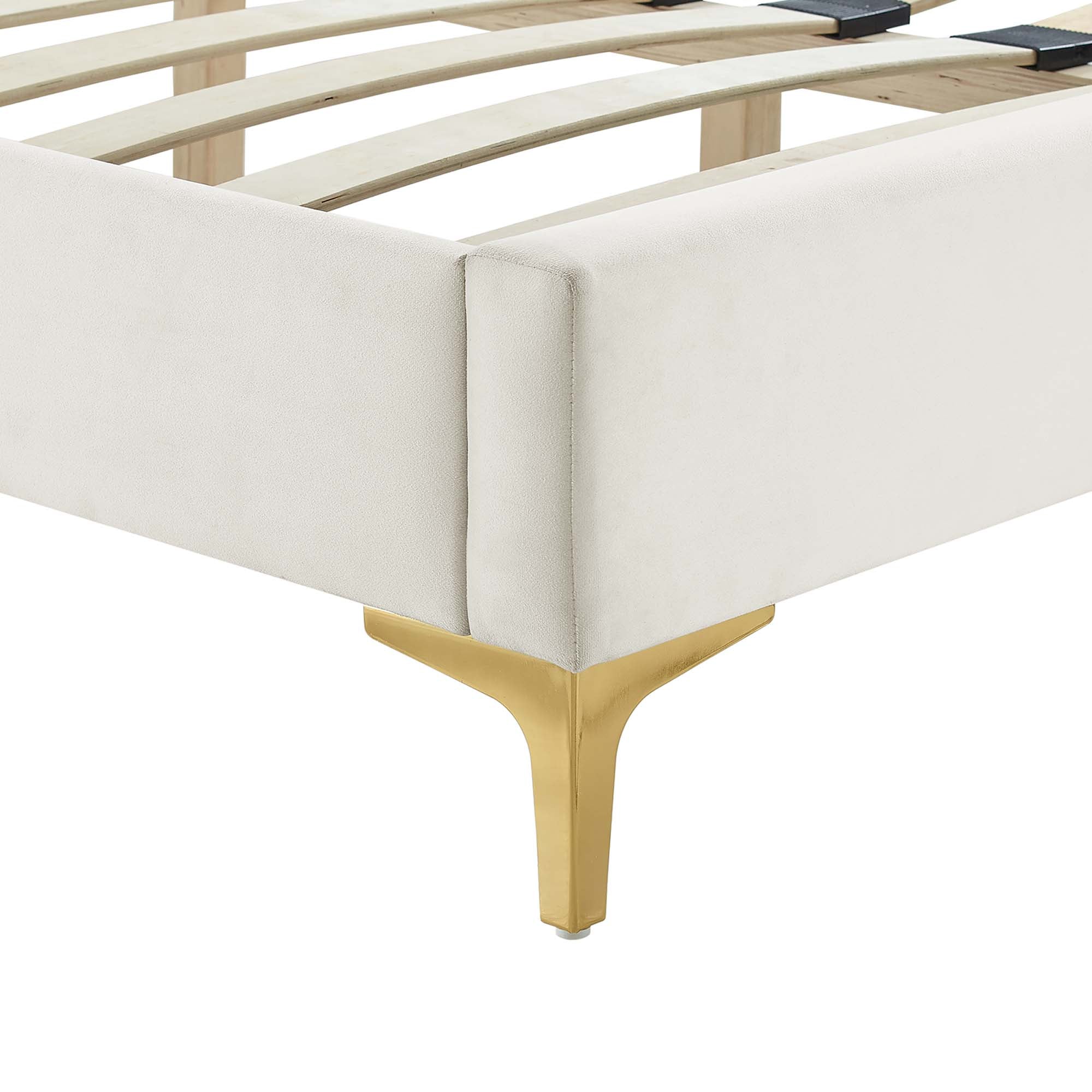 Leah Chevron Tufted Performance Velvet Platform Bed With Gold Metal Legs