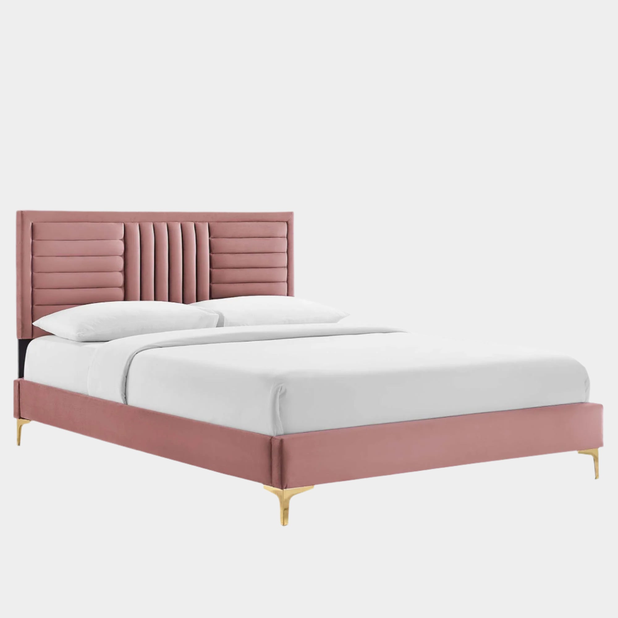 Sofia Channel Tufted Performance Velvet Platform Bed With Gold Metal Legs