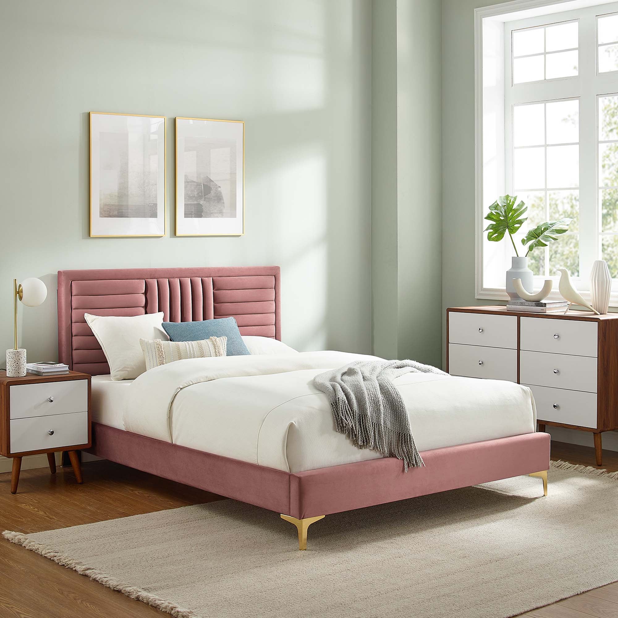Sofia Channel Tufted Performance Velvet Platform Bed With Gold Metal Legs