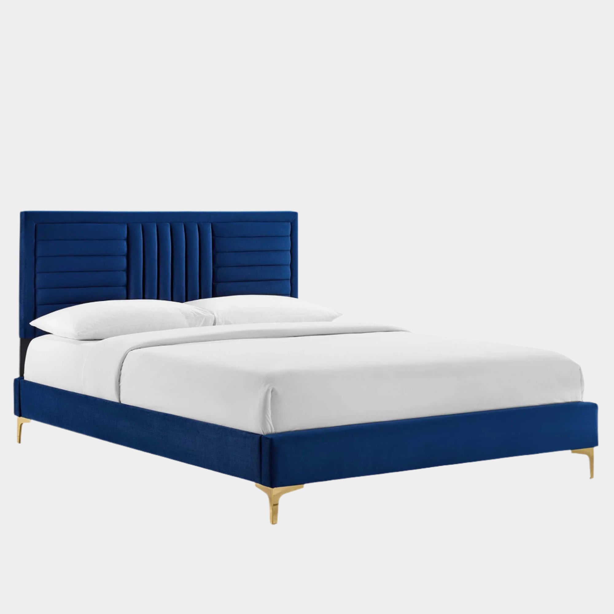 Sofia Channel Tufted Performance Velvet Platform Bed With Gold Metal Legs