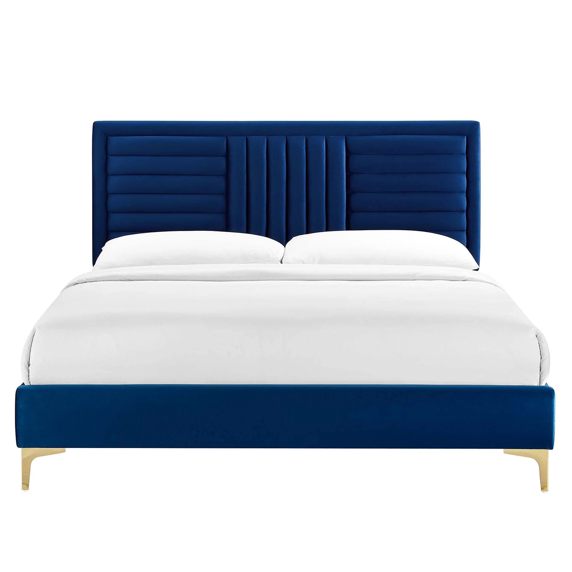 Sofia Channel Tufted Performance Velvet Platform Bed With Gold Metal Legs