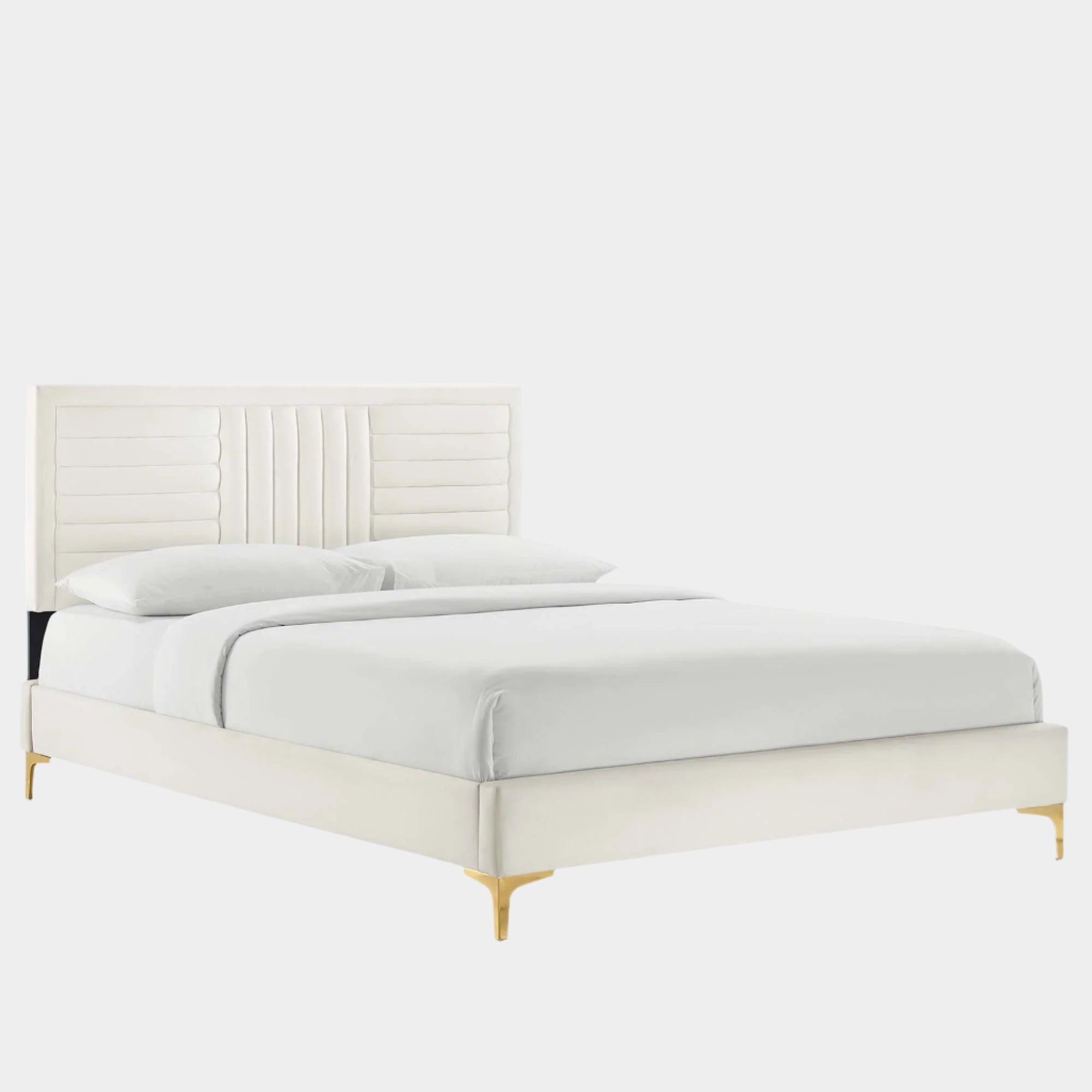 Sofia Channel Tufted Performance Velvet Platform Bed With Gold Metal Legs