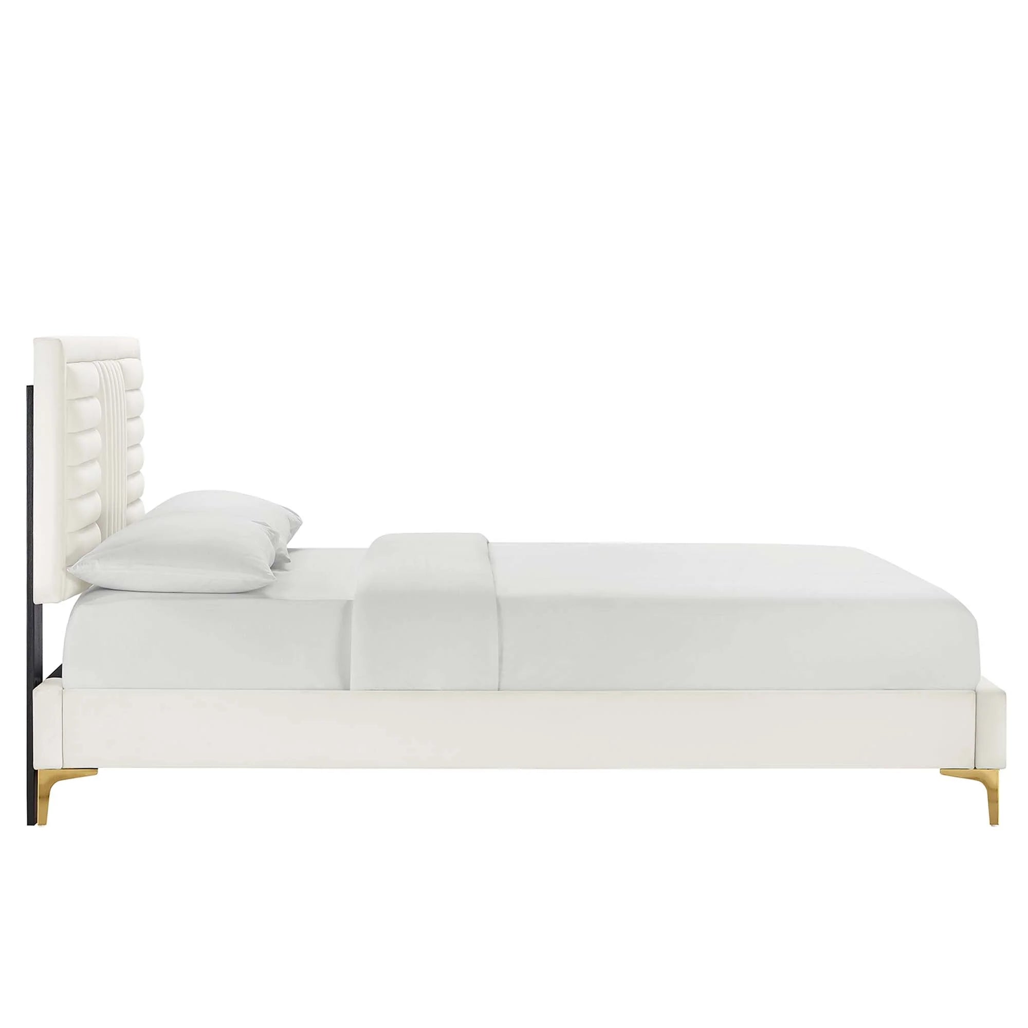 Sofia Channel Tufted Performance Velvet Platform Bed With Gold Metal Legs