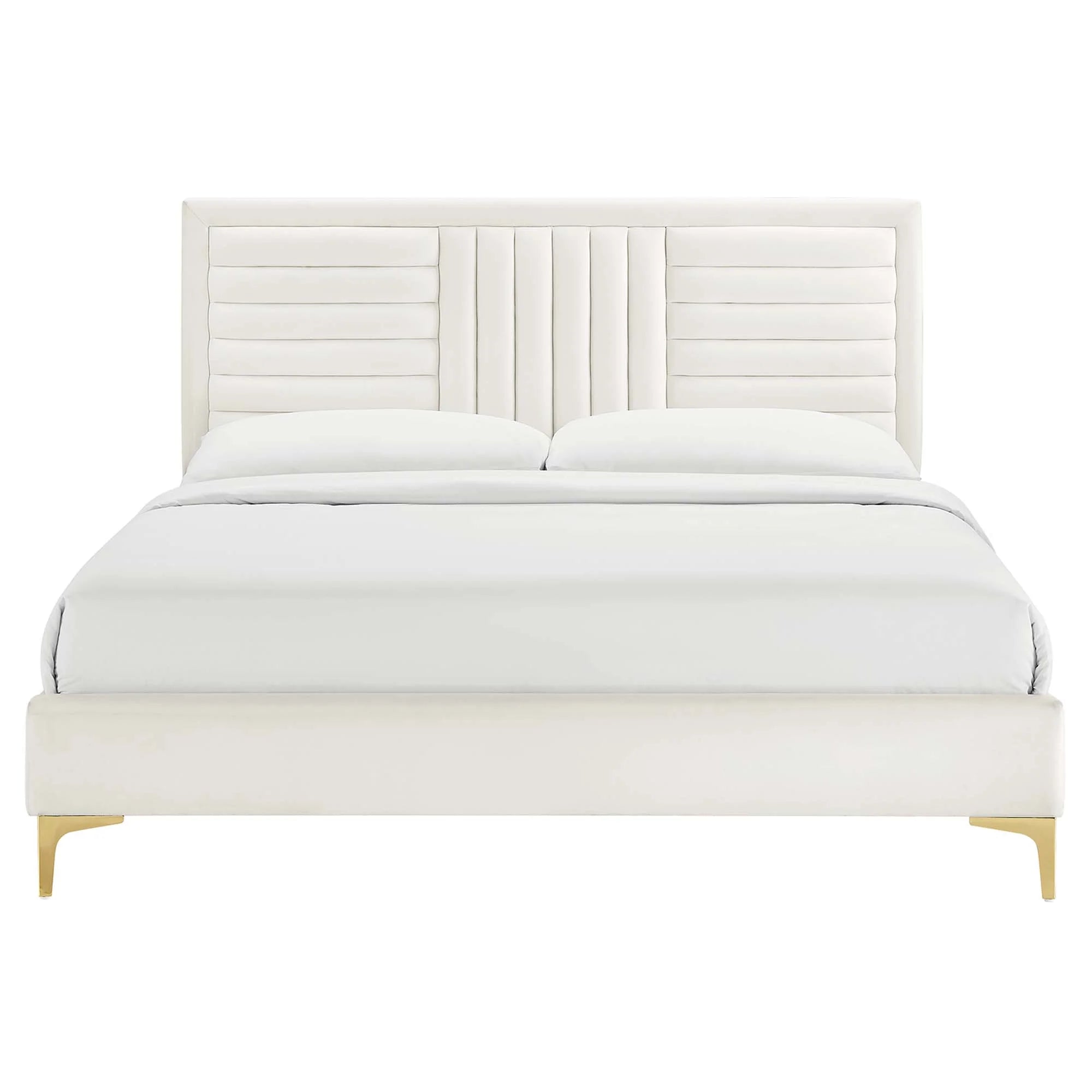 Sofia Channel Tufted Performance Velvet Platform Bed With Gold Metal Legs