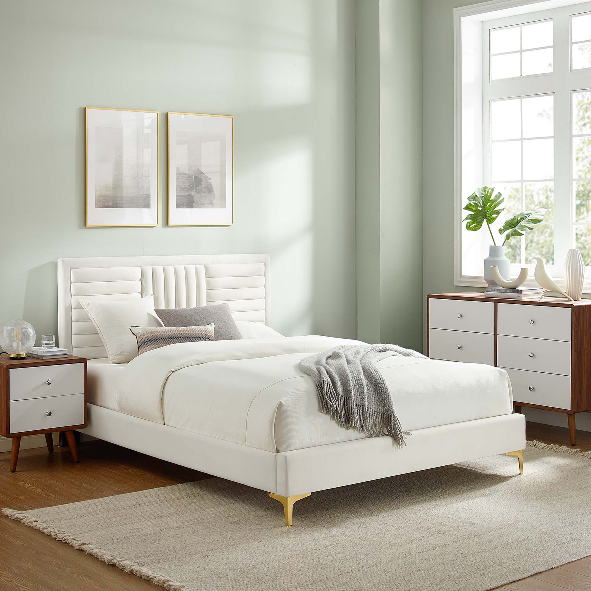Sofia Channel Tufted Performance Velvet Platform Bed With Gold Metal Legs