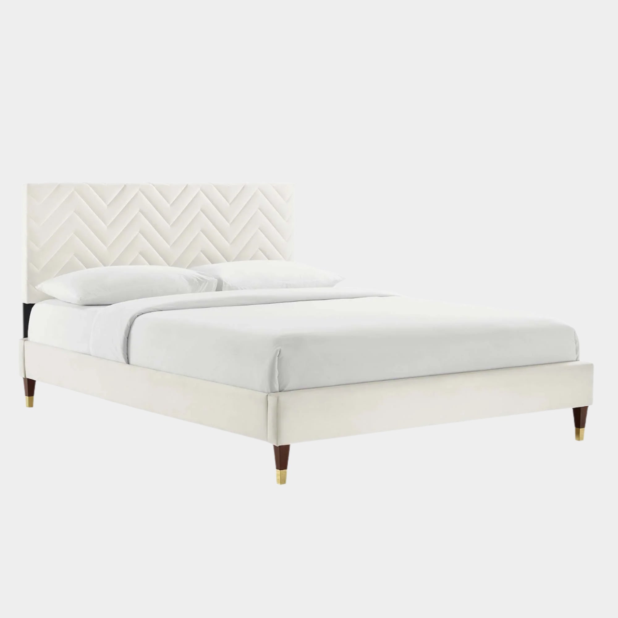 Leah Chevron Tufted Performance Velvet Platform Bed With Wood and Gold Legs