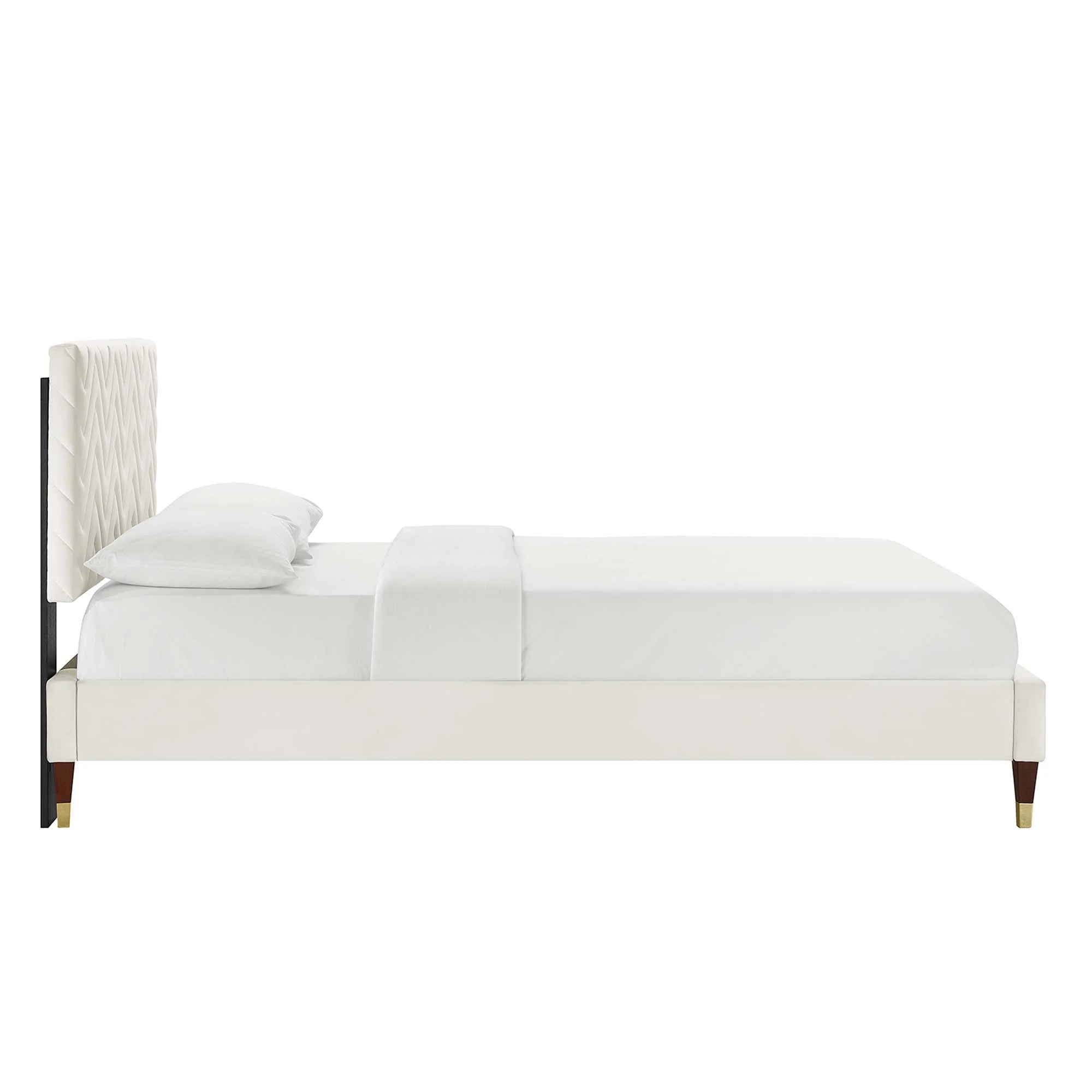 Leah Chevron Tufted Performance Velvet Platform Bed With Wood and Gold Legs