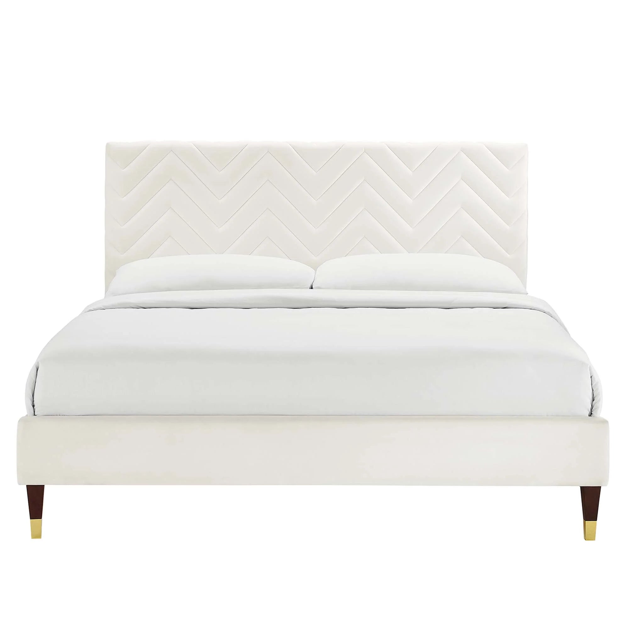 Leah Chevron Tufted Performance Velvet Platform Bed With Wood and Gold Legs
