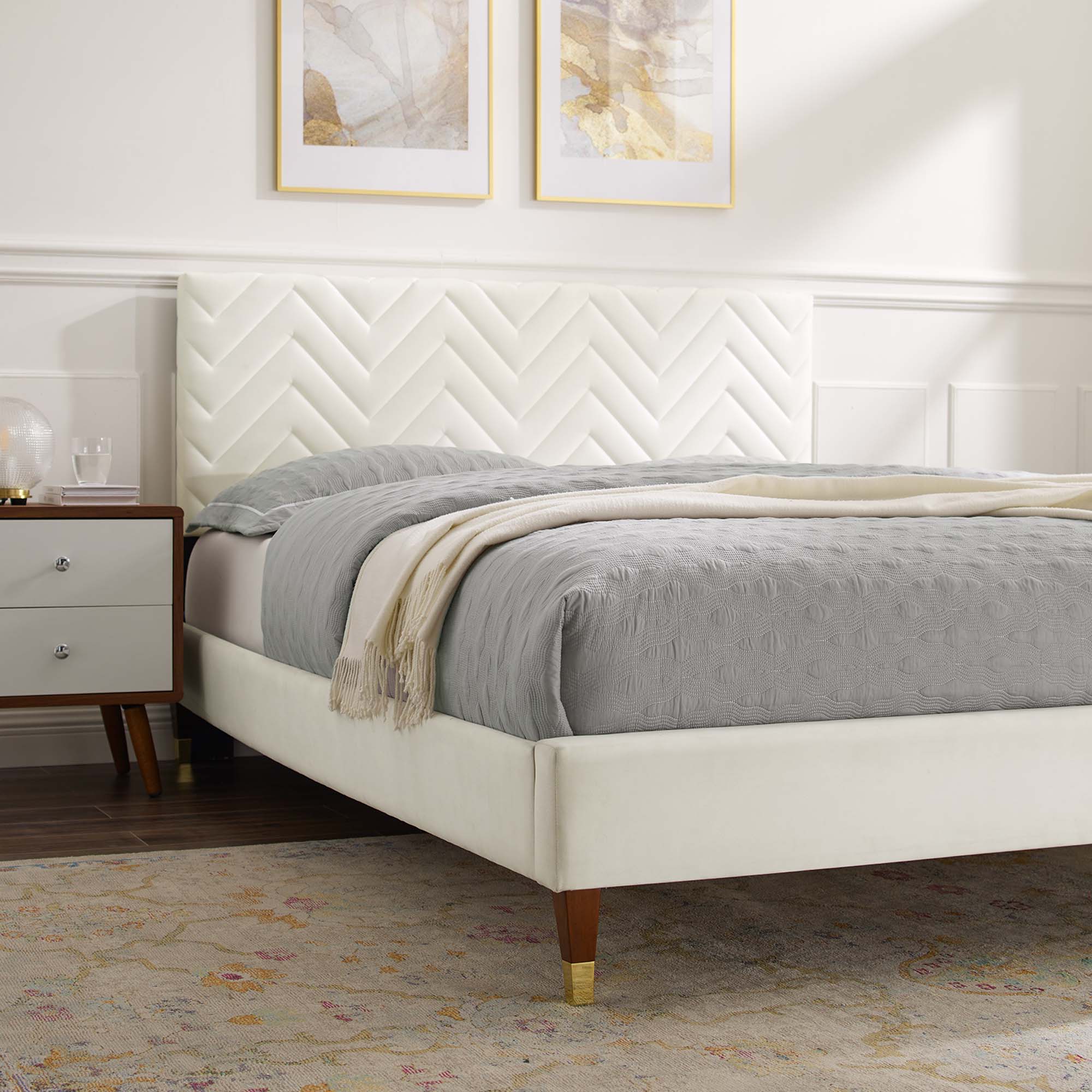 Leah Chevron Tufted Performance Velvet Platform Bed With Wood and Gold Legs