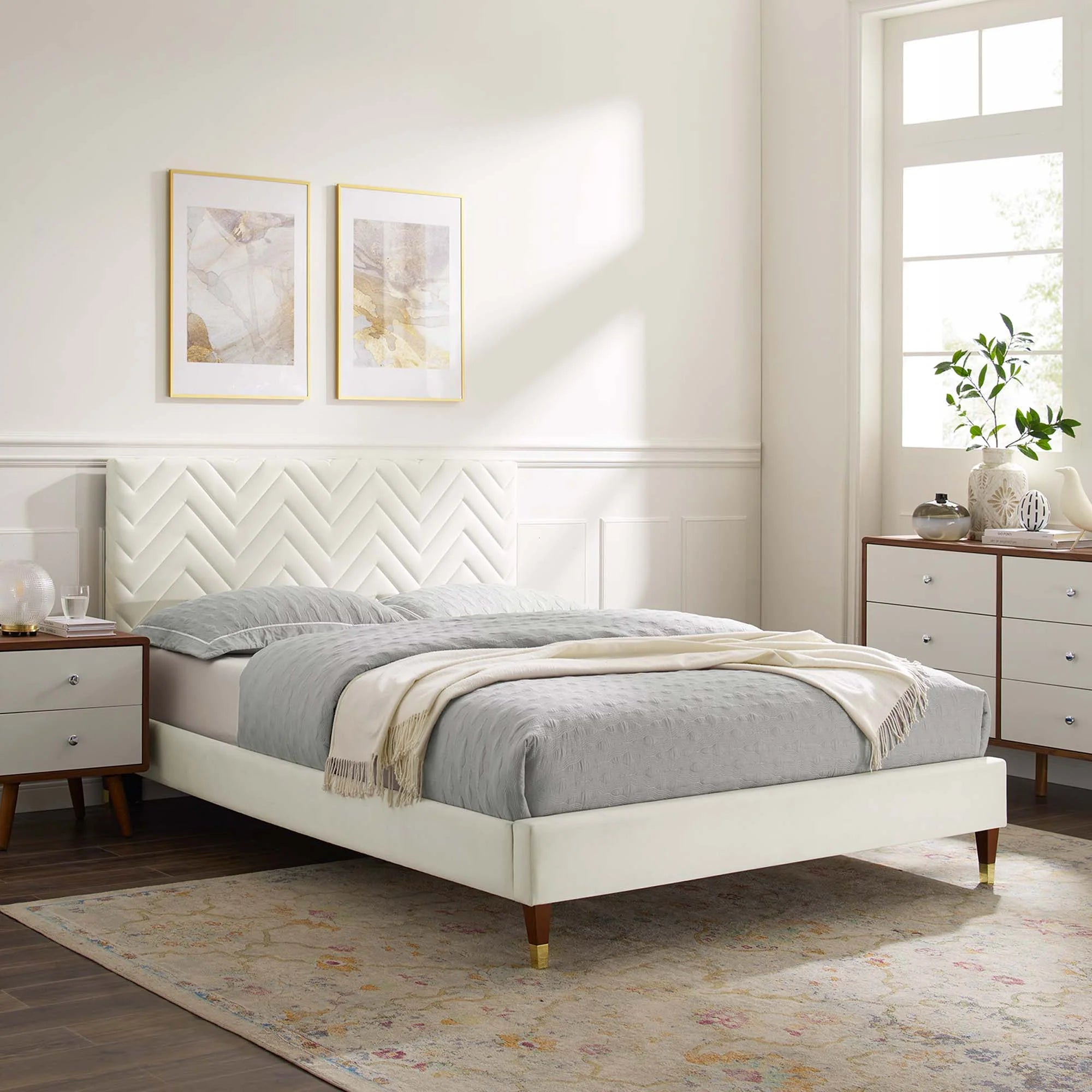 Leah Chevron Tufted Performance Velvet Platform Bed With Wood and Gold Legs