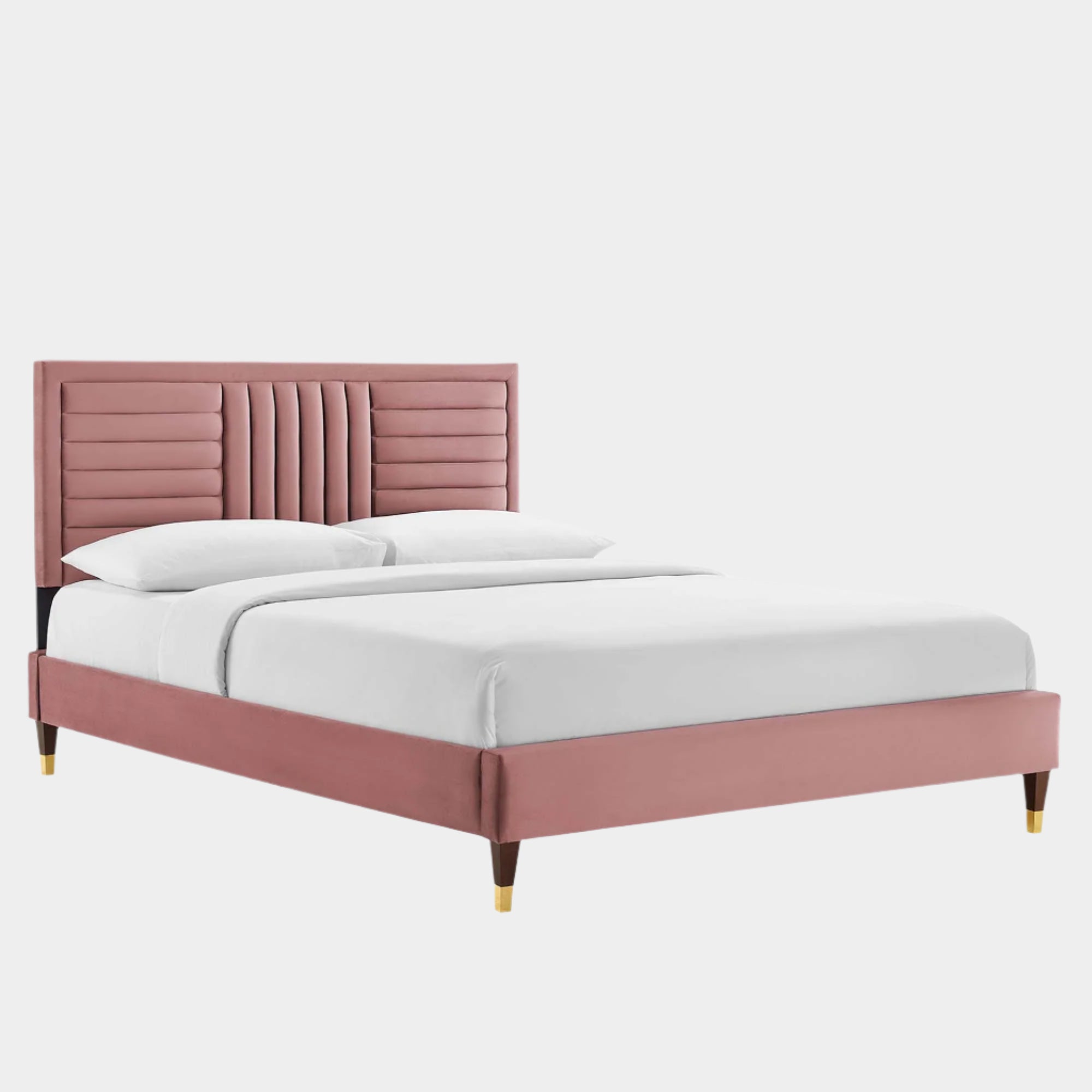 Leah Chevron Tufted Performance Velvet Platform Bed With Wood and Gold Legs
