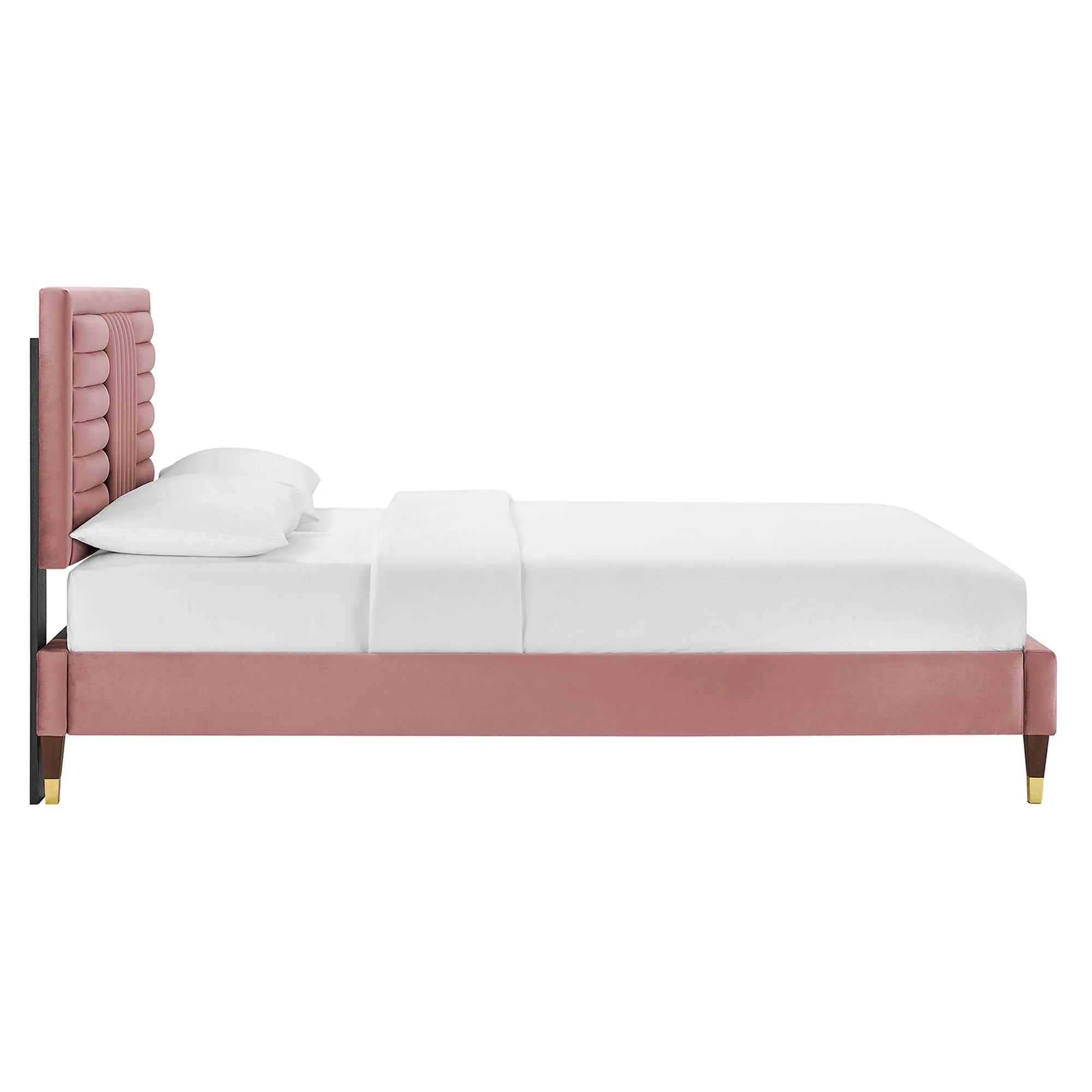 Leah Chevron Tufted Performance Velvet Platform Bed With Wood and Gold Legs