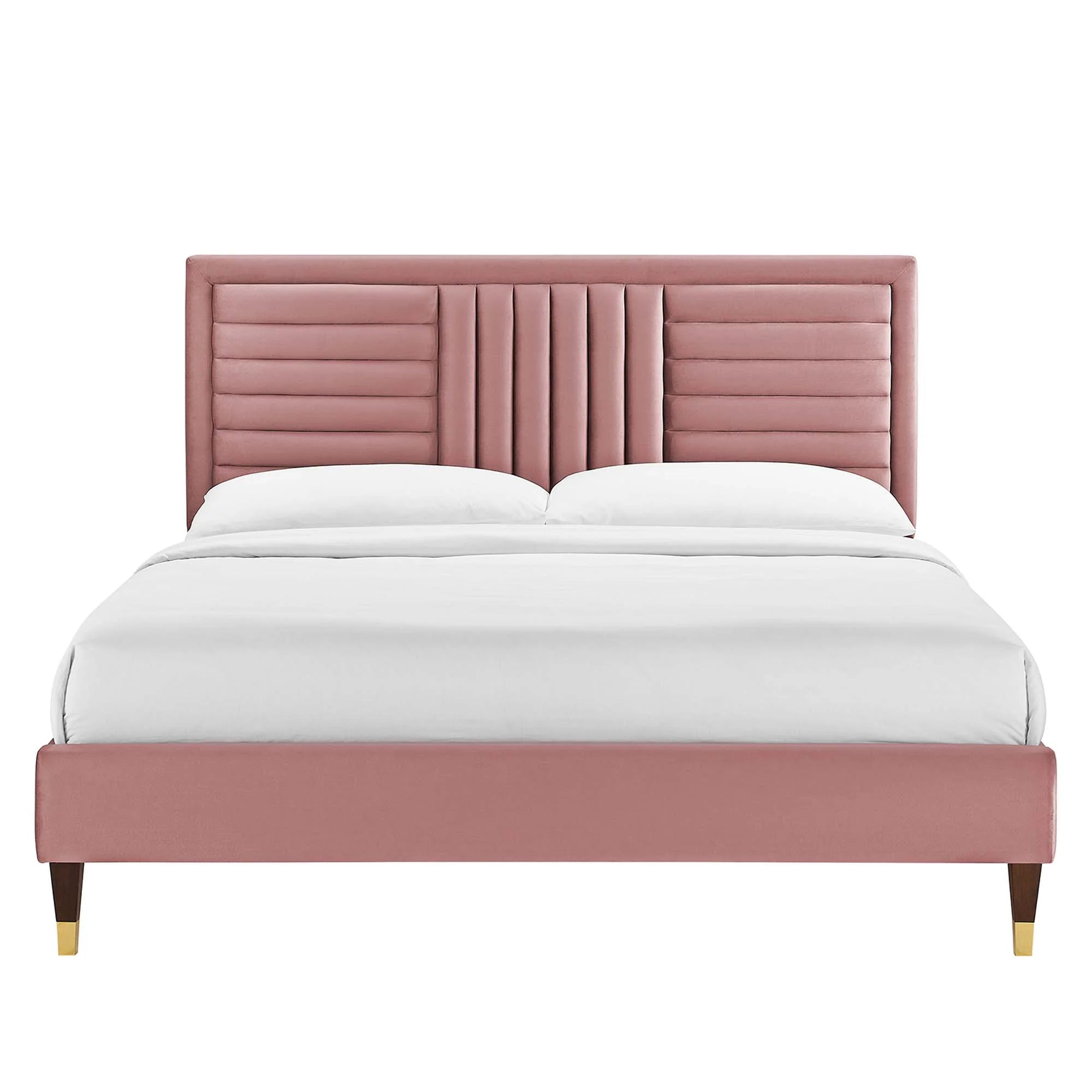 Leah Chevron Tufted Performance Velvet Platform Bed With Wood and Gold Legs