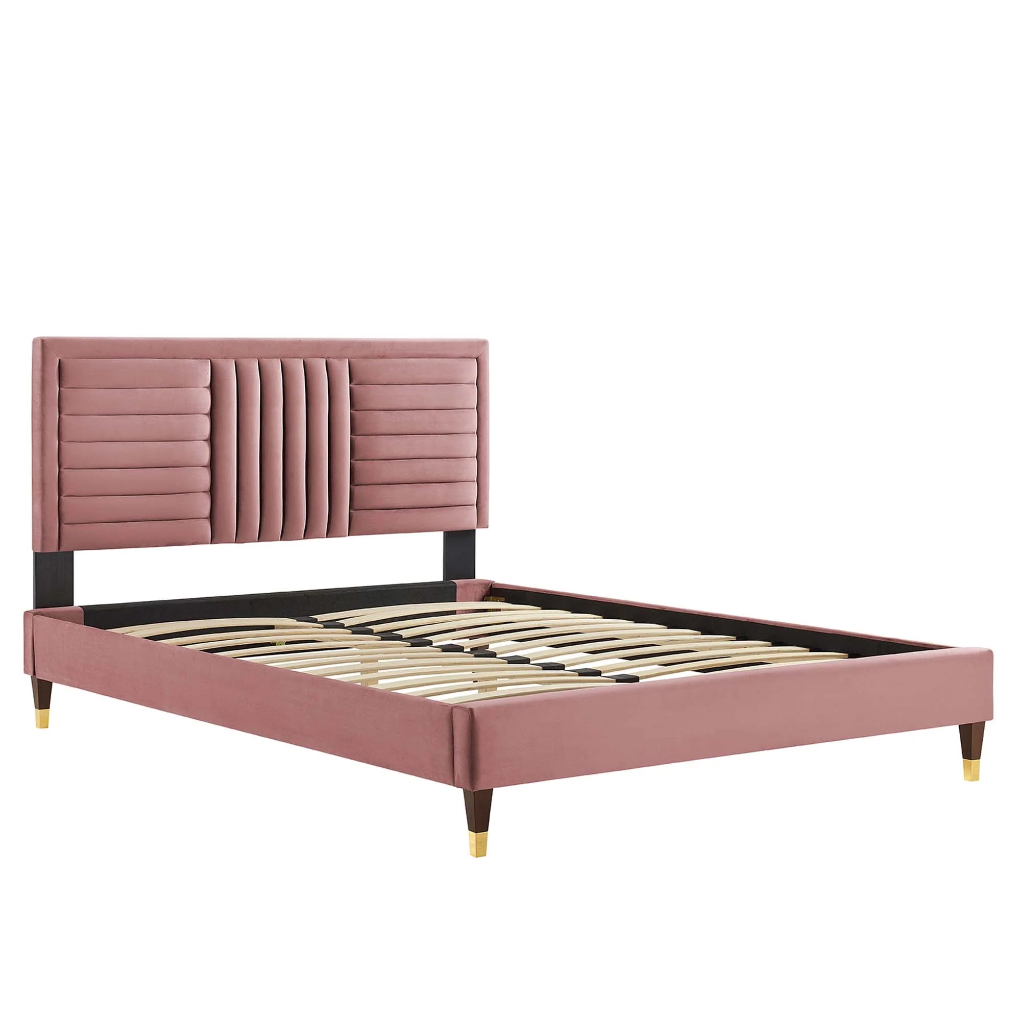 Leah Chevron Tufted Performance Velvet Platform Bed With Wood and Gold Legs