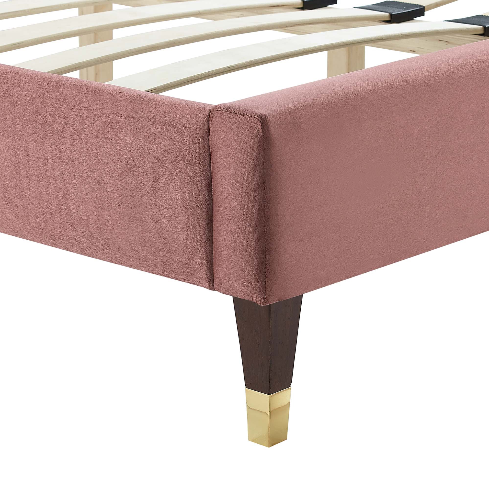 Leah Chevron Tufted Performance Velvet Platform Bed With Wood and Gold Legs