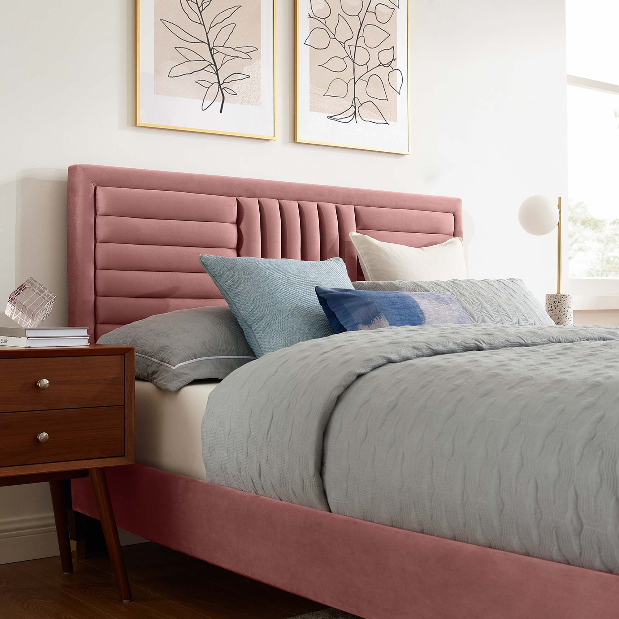 Leah Chevron Tufted Performance Velvet Platform Bed With Wood and Gold Legs
