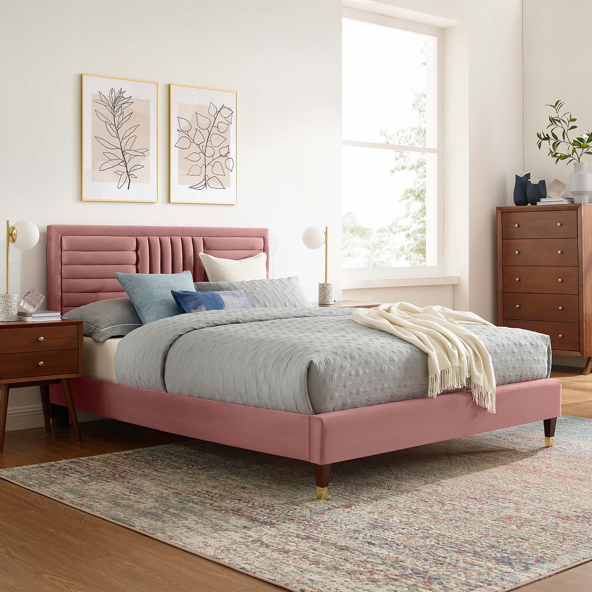 Leah Chevron Tufted Performance Velvet Platform Bed With Wood and Gold Legs