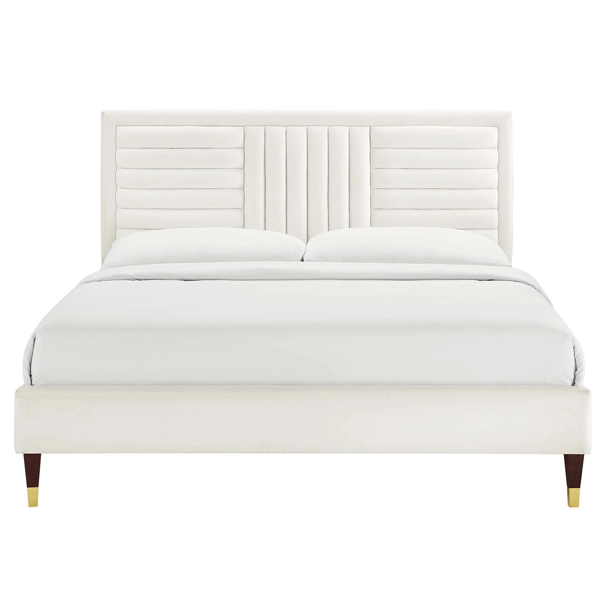 Sofia Channel Tufted Performance Velvet Platform Bed With Wood and Gold Legs