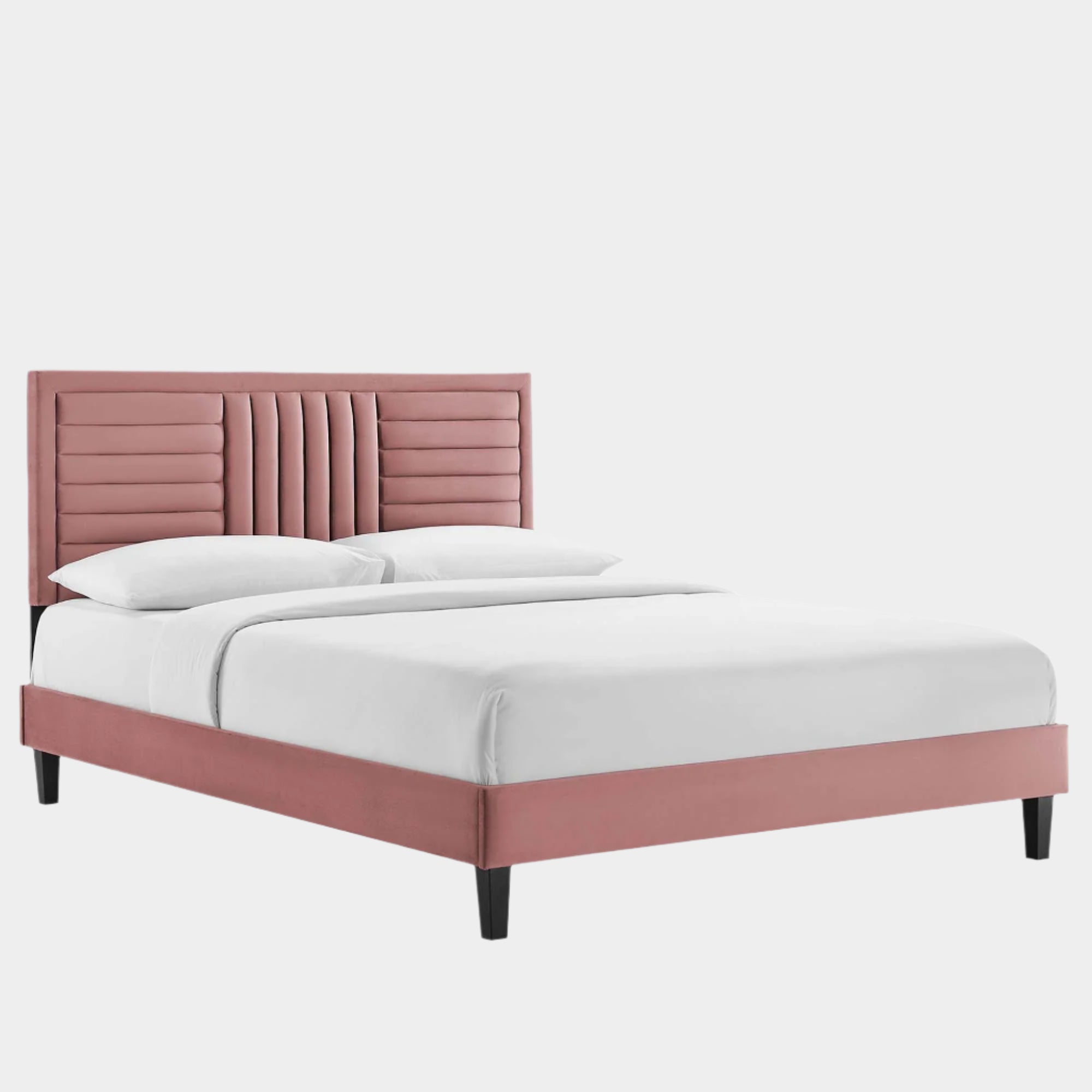 Sofia Channel Tufted Performance Velvet Platform Bed With Black Wood Legs