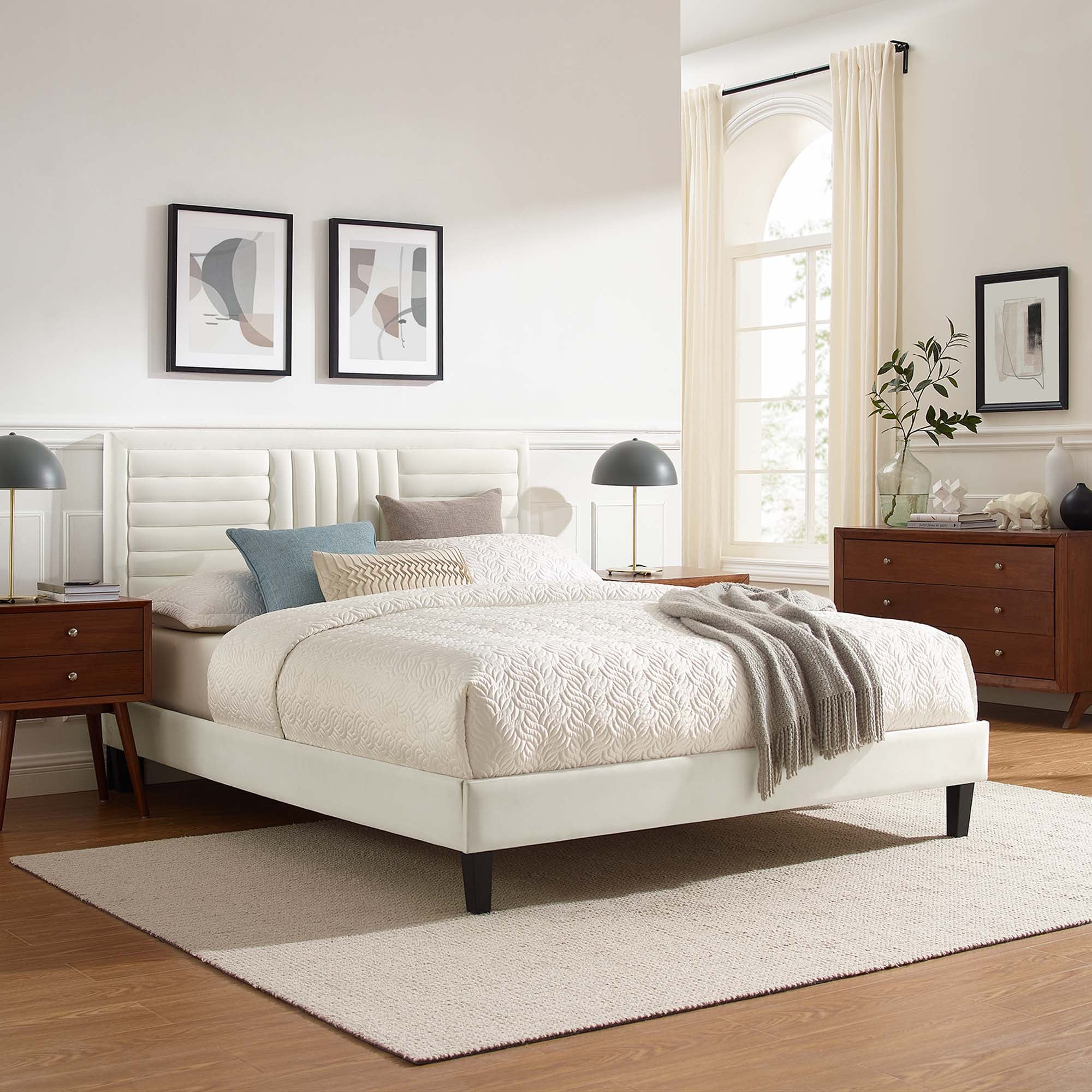 Sofia Channel Tufted Performance Velvet Platform Bed With Black Wood Legs