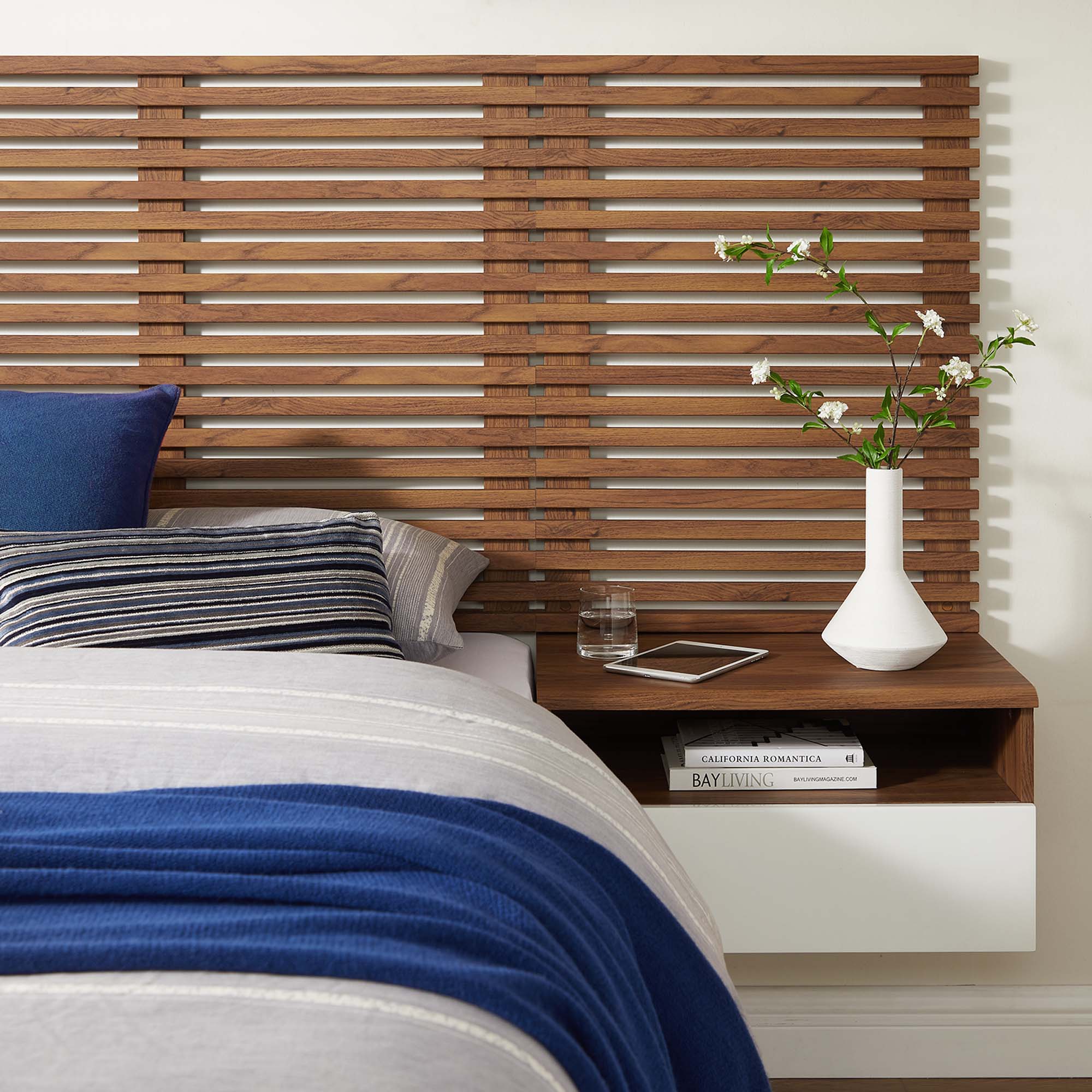 Render Wall Mount Headboard and Modern Nightstands in Walnut